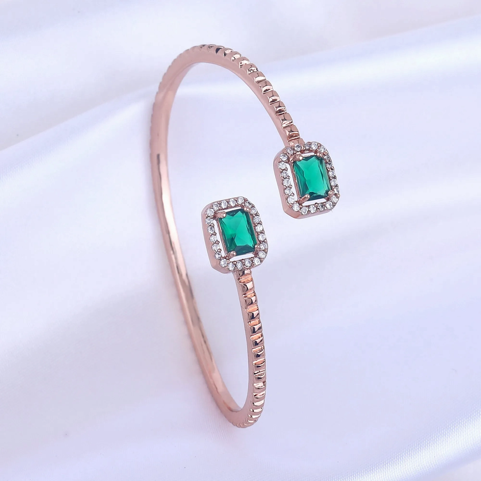 Estele Rosegold Plated Minimalist Lightweight Kada Bracelet with Dazzling Green Diamonds|Beautiful Jewelry for Women