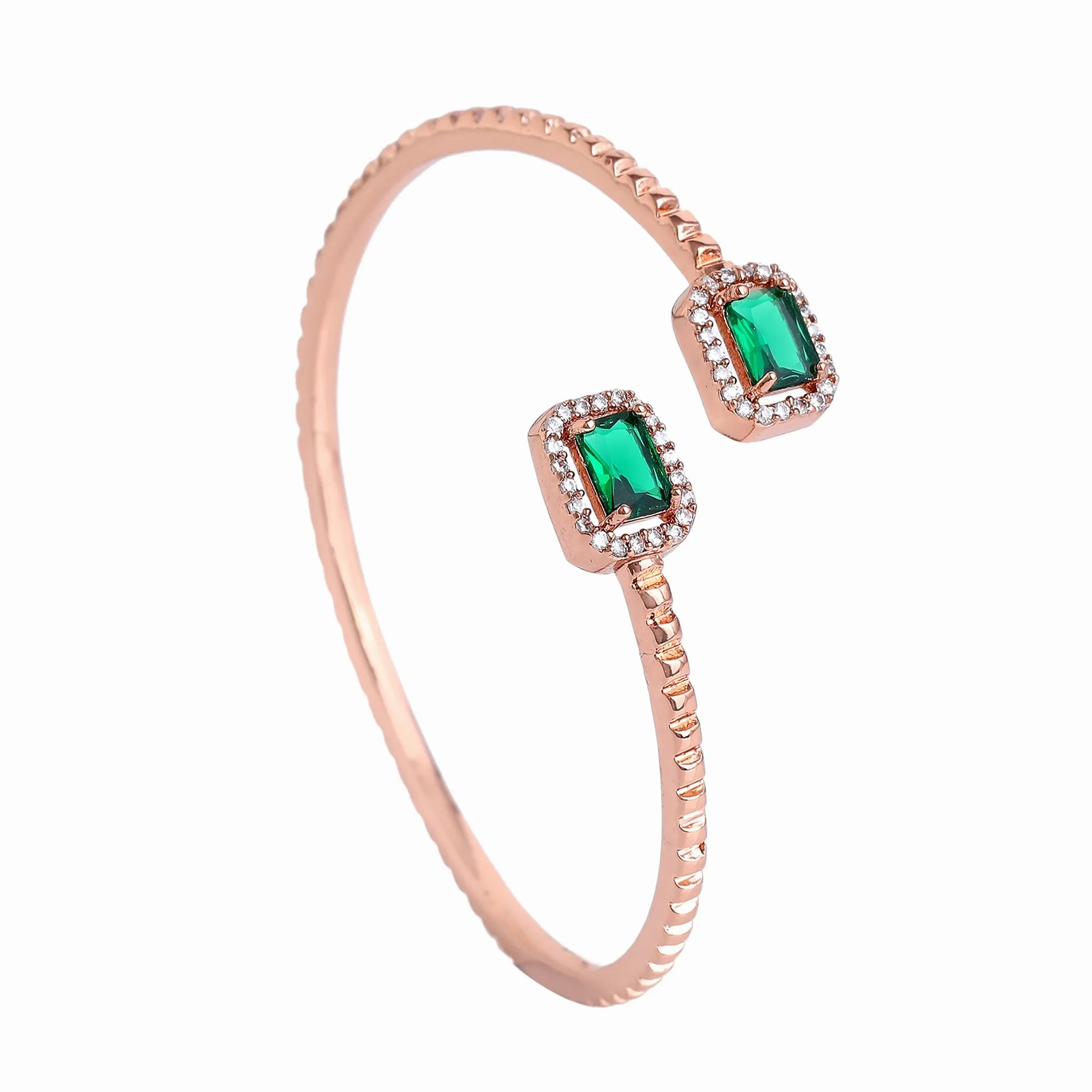 Estele Rosegold Plated Minimalist Lightweight Kada Bracelet with Dazzling Green Diamonds|Beautiful Jewelry for Women