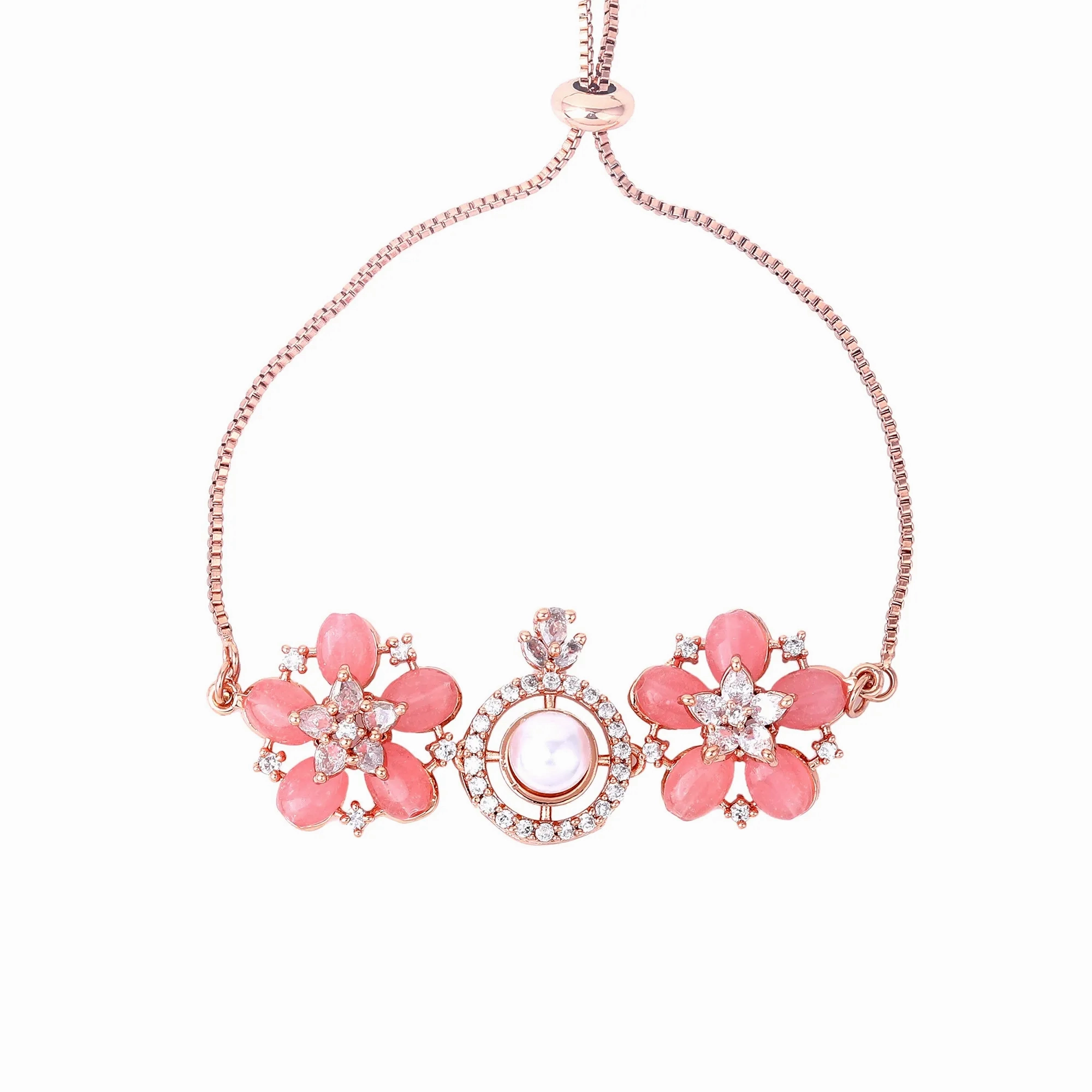 Estele Rosegold Plated Modern Minimlistic Floral Beaded Adjustable Varya Bracelet with Mint Pink Beads for Women