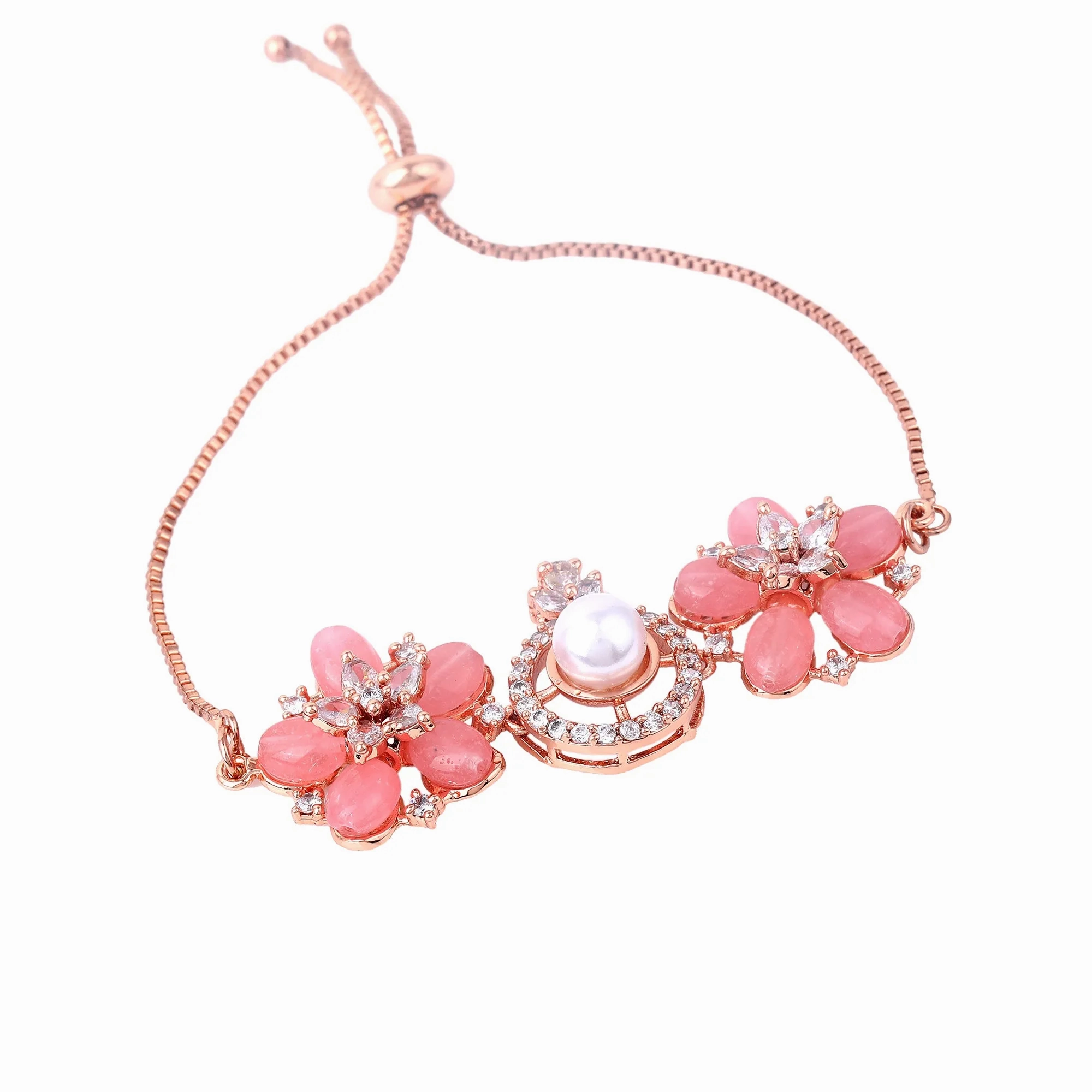 Estele Rosegold Plated Modern Minimlistic Floral Beaded Adjustable Varya Bracelet with Mint Pink Beads for Women