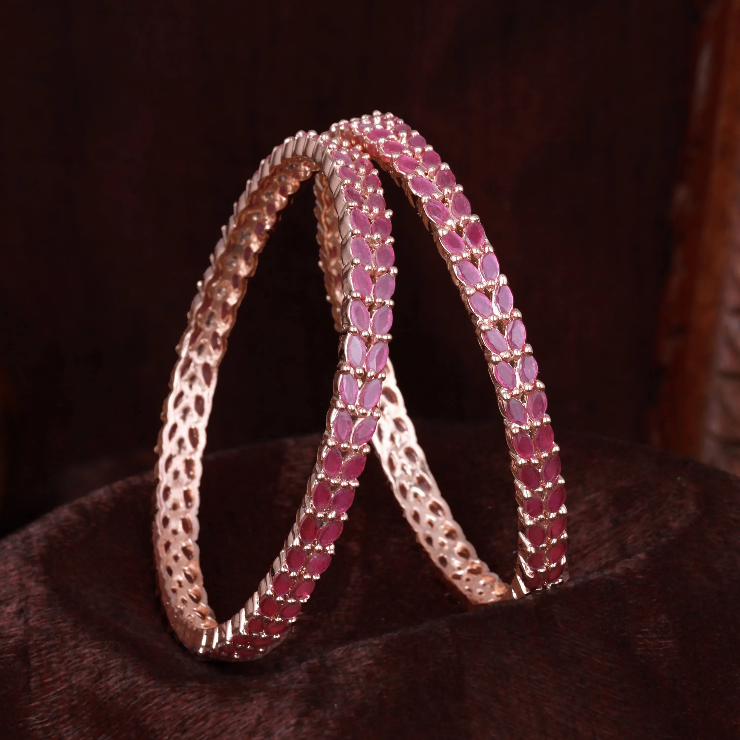 Estele Rosegold-Plated Sparkling Ruby American Diamond 2:6 Size Bangles with Leafy Accents |Perfect for Modern &amp; Traditional Outfits for Women