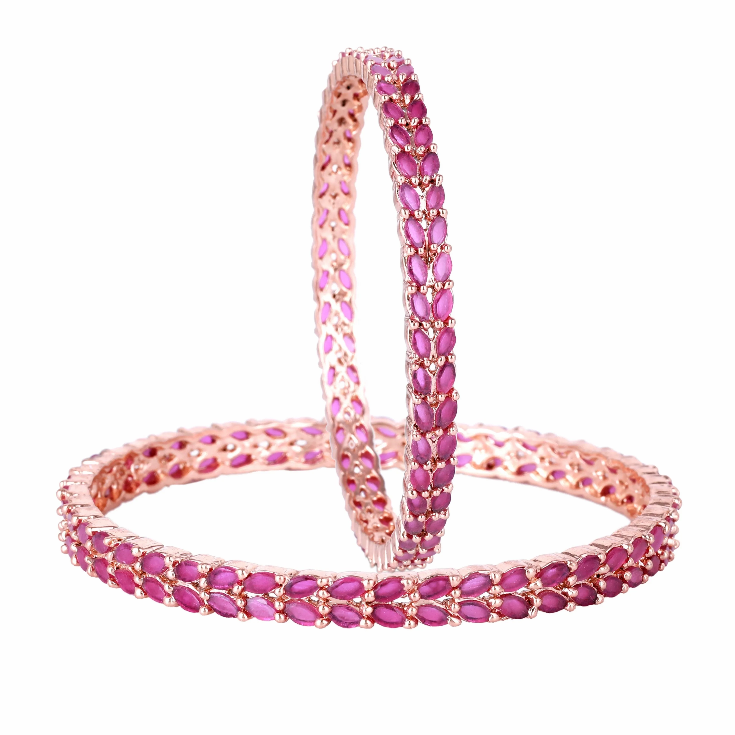 Estele Rosegold-Plated Sparkling Ruby American Diamond 2:6 Size Bangles with Leafy Accents |Perfect for Modern &amp; Traditional Outfits for Women