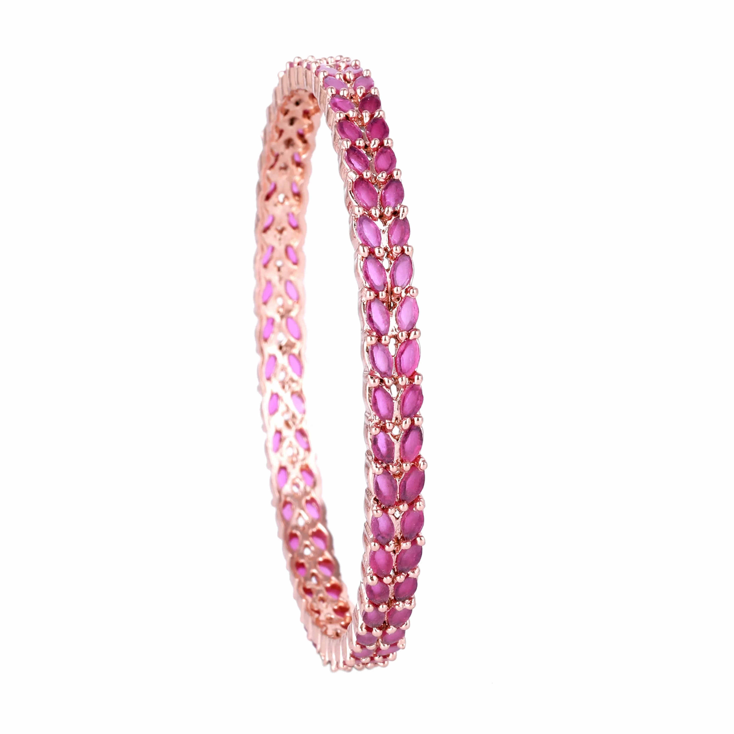 Estele Rosegold-Plated Sparkling Ruby American Diamond 2:6 Size Bangles with Leafy Accents |Perfect for Modern &amp; Traditional Outfits for Women