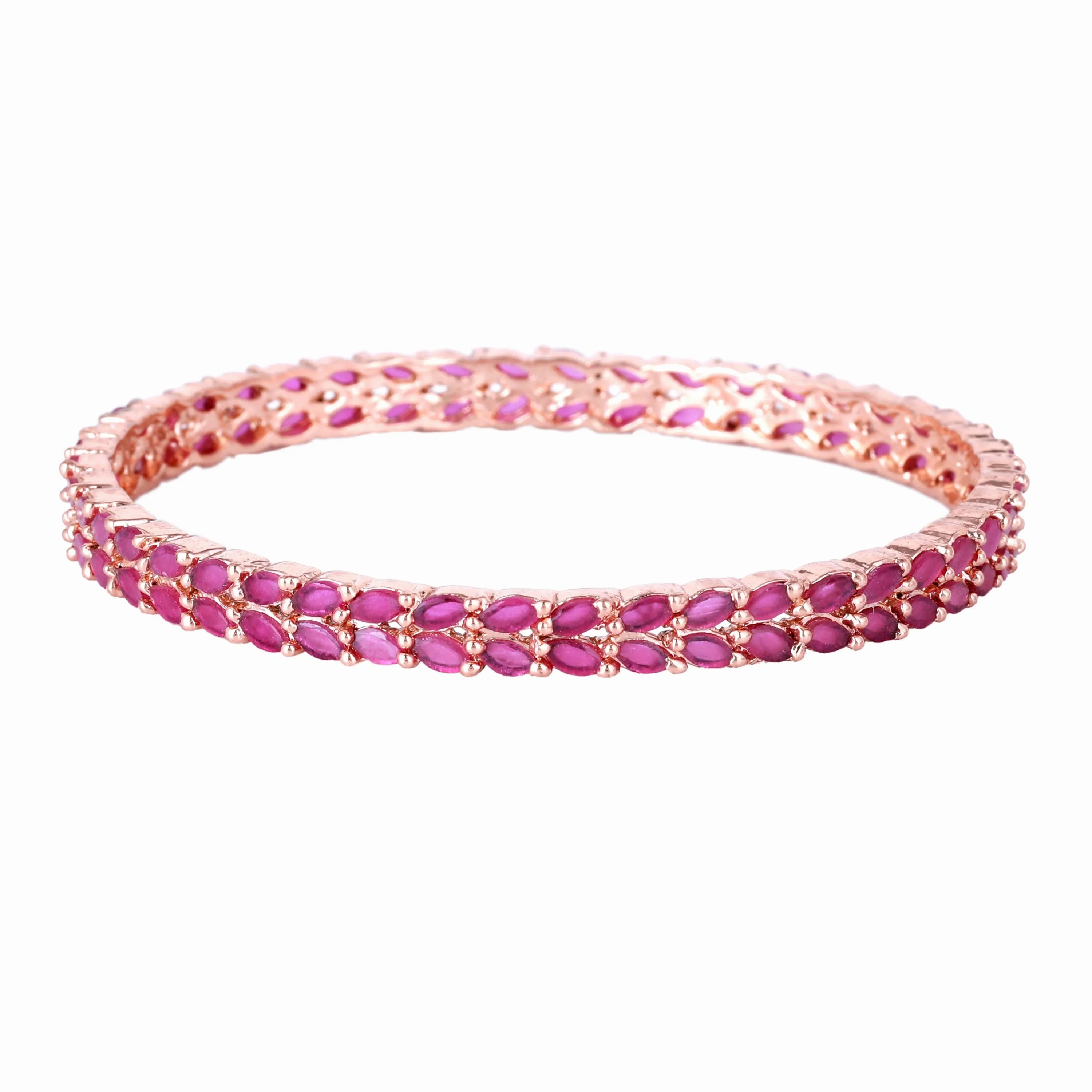 Estele Rosegold-Plated Sparkling Ruby American Diamond 2:6 Size Bangles with Leafy Accents |Perfect for Modern &amp; Traditional Outfits for Women