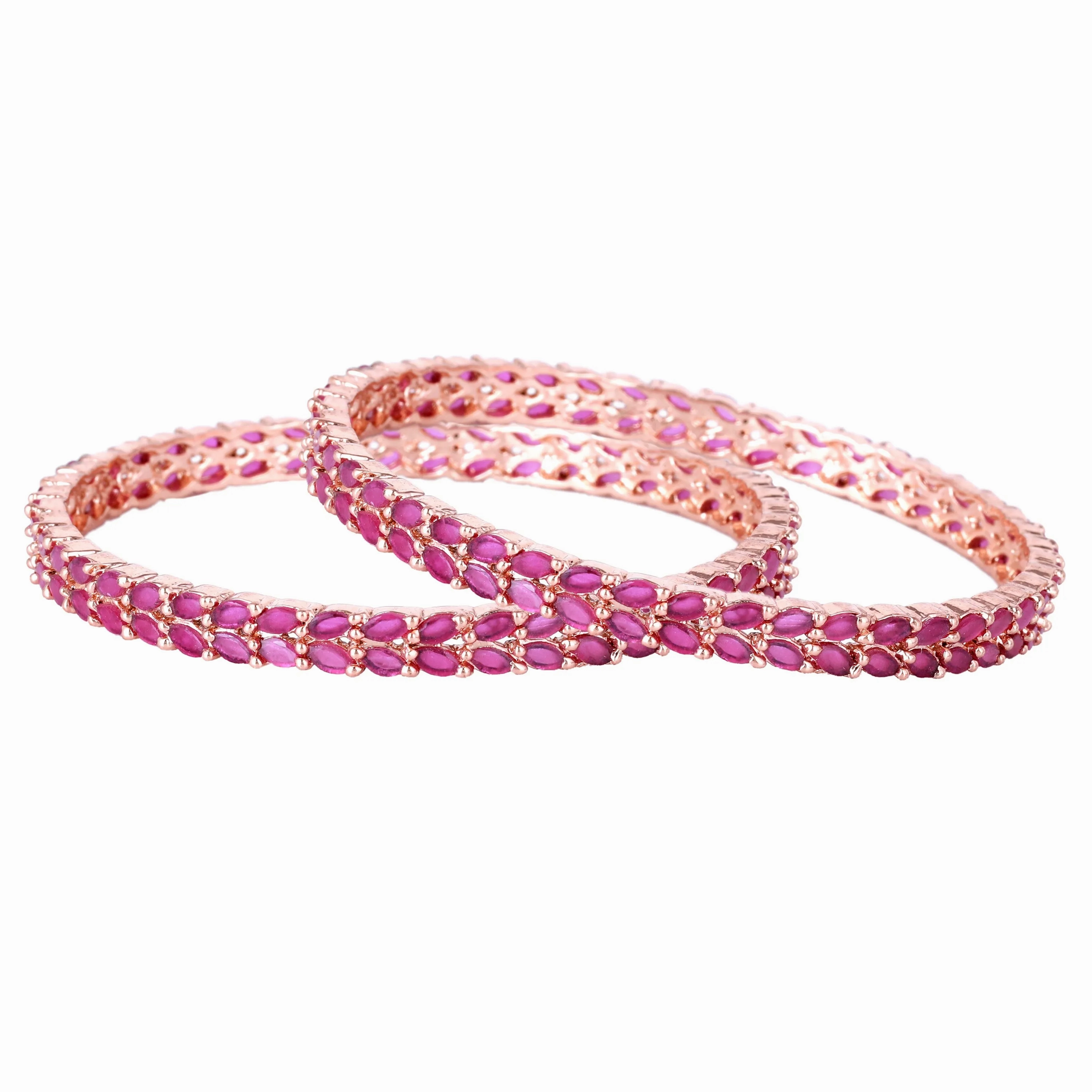 Estele Rosegold-Plated Sparkling Ruby American Diamond 2:6 Size Bangles with Leafy Accents |Perfect for Modern &amp; Traditional Outfits for Women