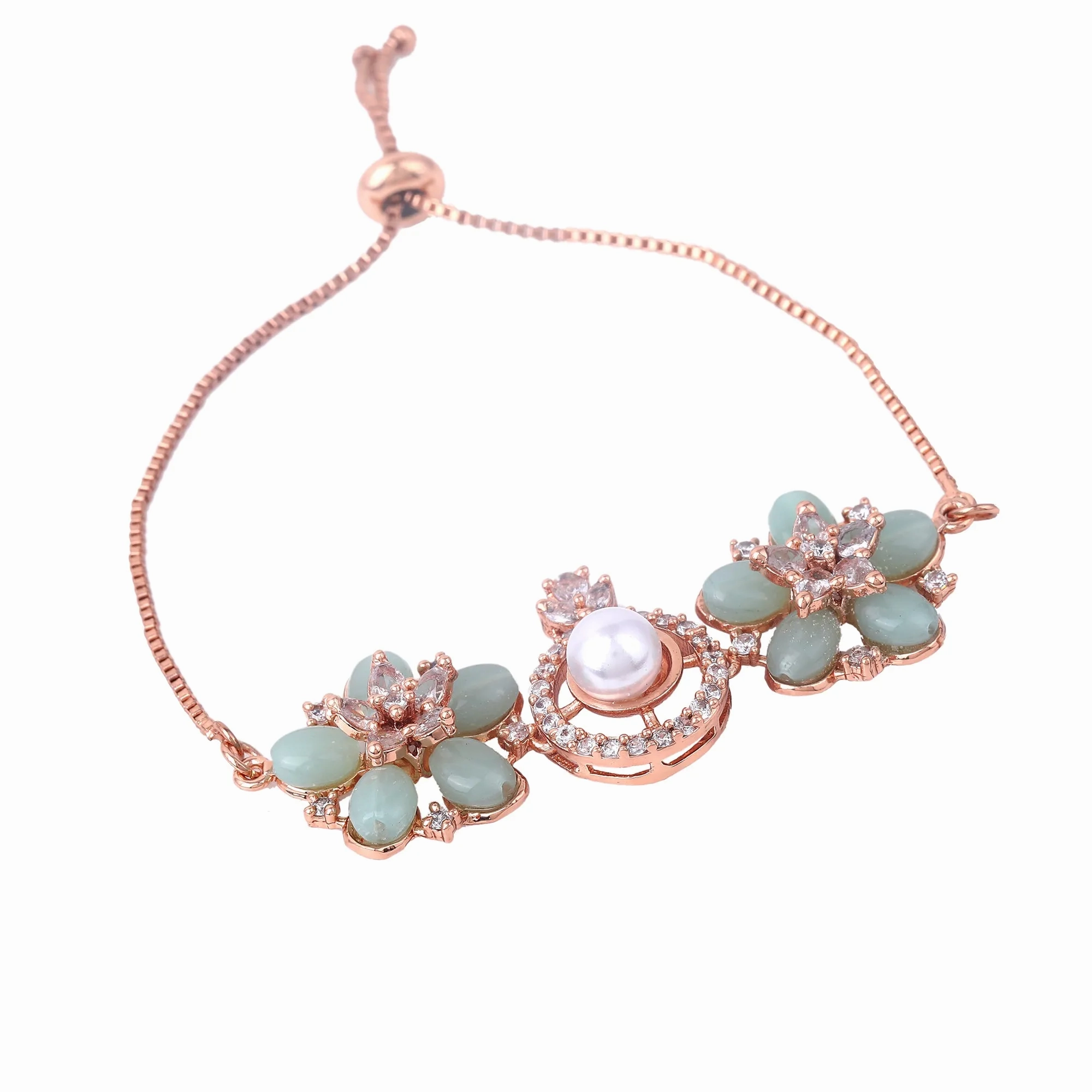 Estele Rosegold Plated Stylish Floral Design Lightweight Adjustable Varya Bracelet with Mint Green Beads for Women