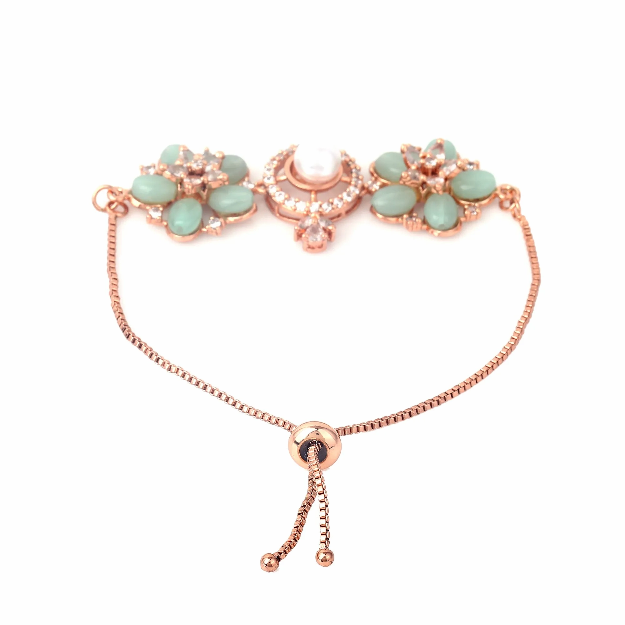 Estele Rosegold Plated Stylish Floral Design Lightweight Adjustable Varya Bracelet with Mint Green Beads for Women