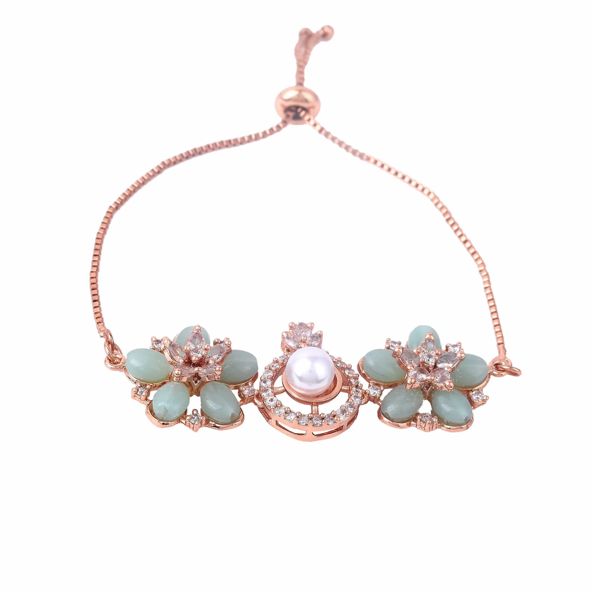 Estele Rosegold Plated Stylish Floral Design Lightweight Adjustable Varya Bracelet with Mint Green Beads for Women