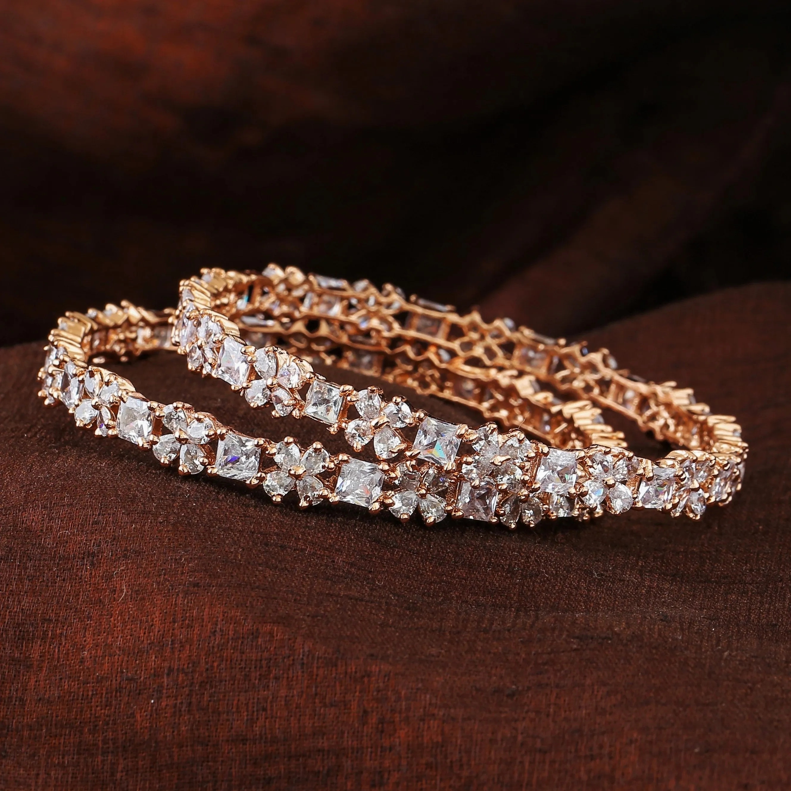 Estele Rosegold Plated Stylish Floral Designer 2:6 Size Bangles with White American Diamonds |A Blend of Tradition &amp; Vibrance for Women