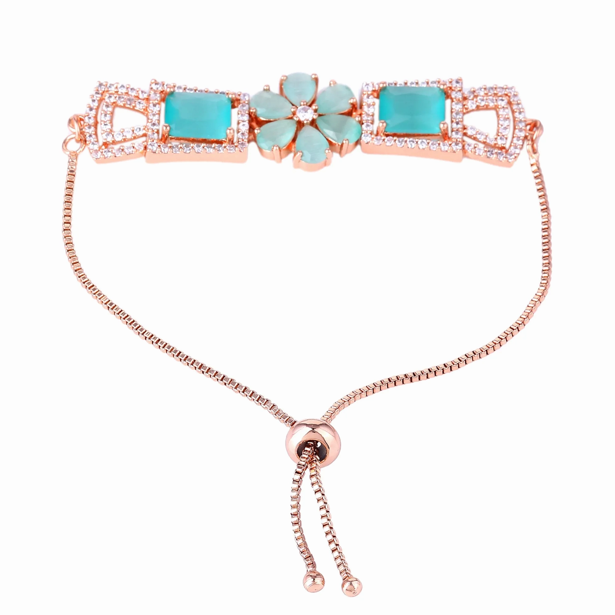 Estele Rosegold Plated Stylish Floral Designer Adjustable Charm Bracelet with Shiny Mint Green American Diamonds for Women