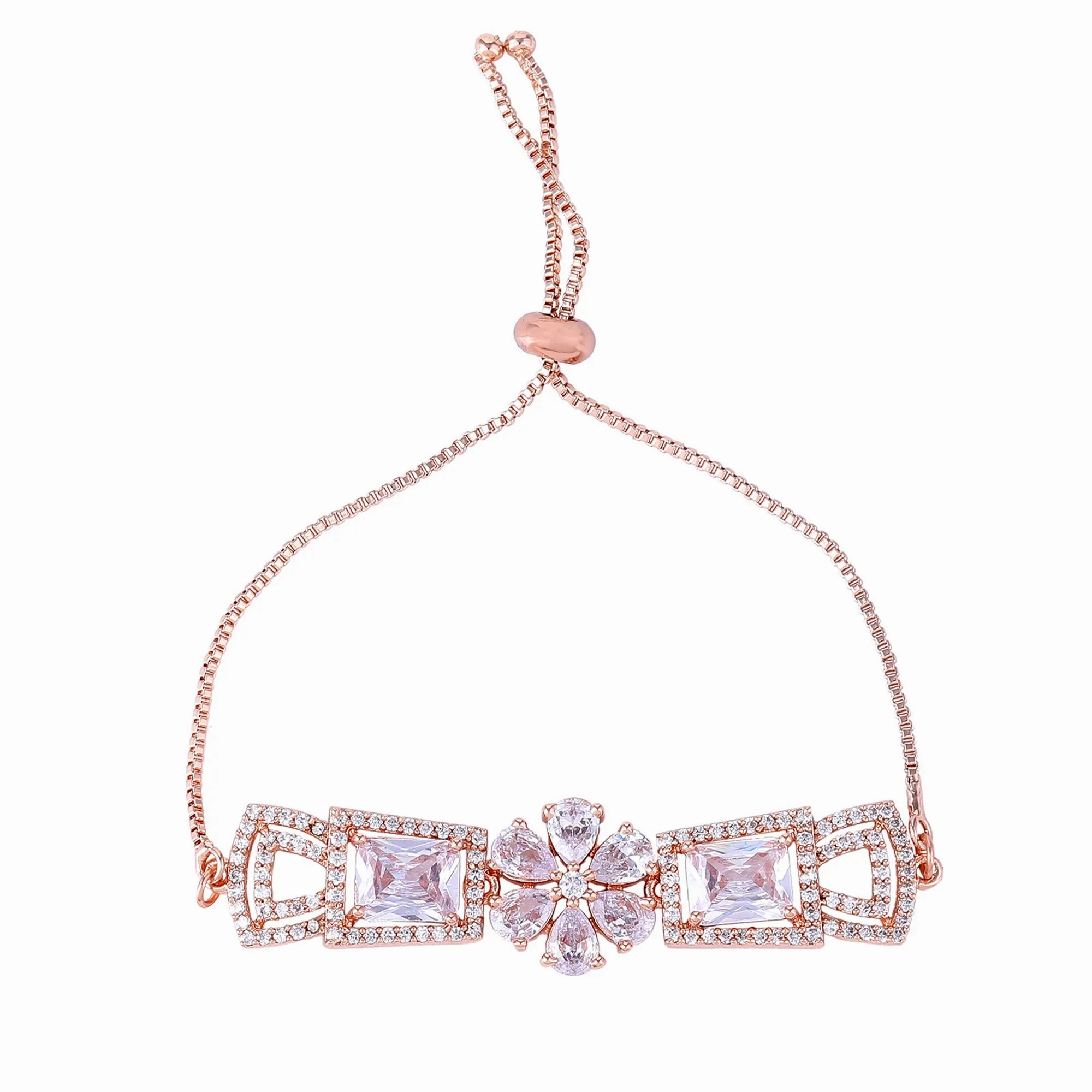 Estele Rosegold Plated Timeless Elegant Floral Designer Adjustable Charm Bracelet with White American Diamonds for Women