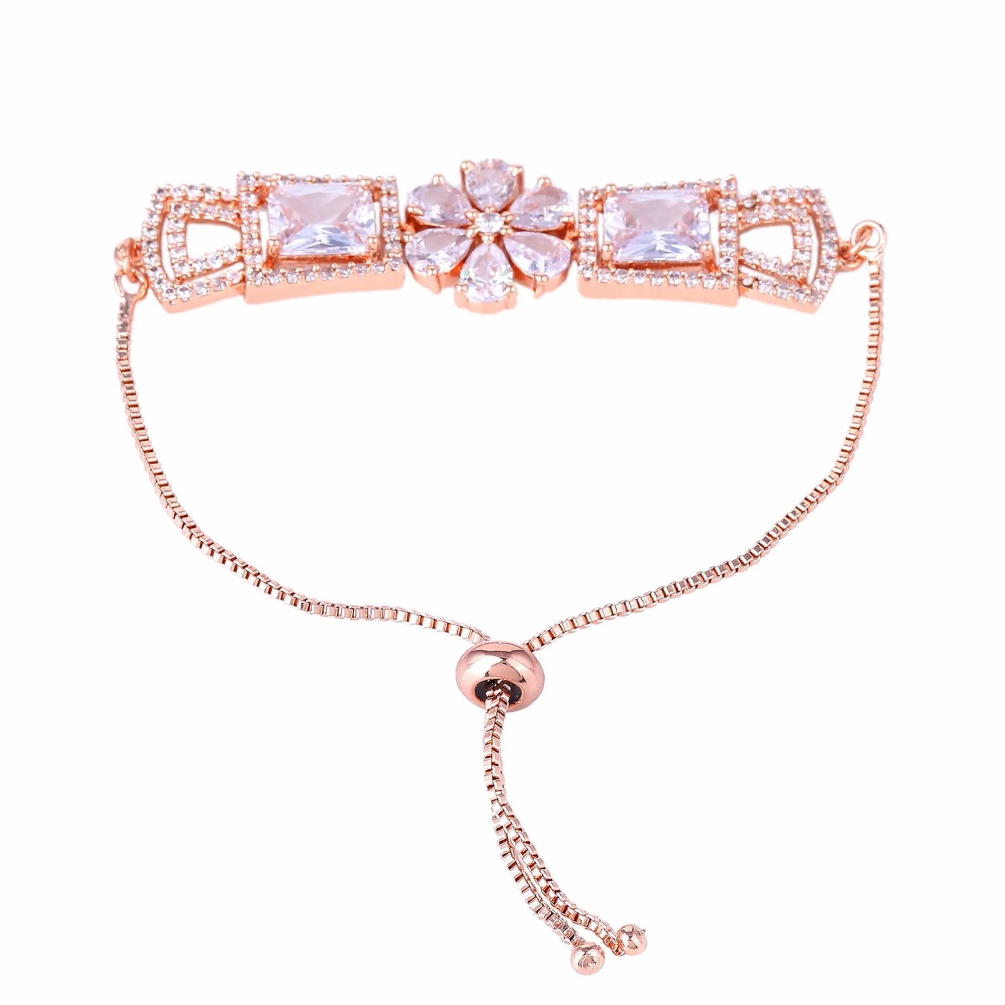 Estele Rosegold Plated Timeless Elegant Floral Designer Adjustable Charm Bracelet with White American Diamonds for Women