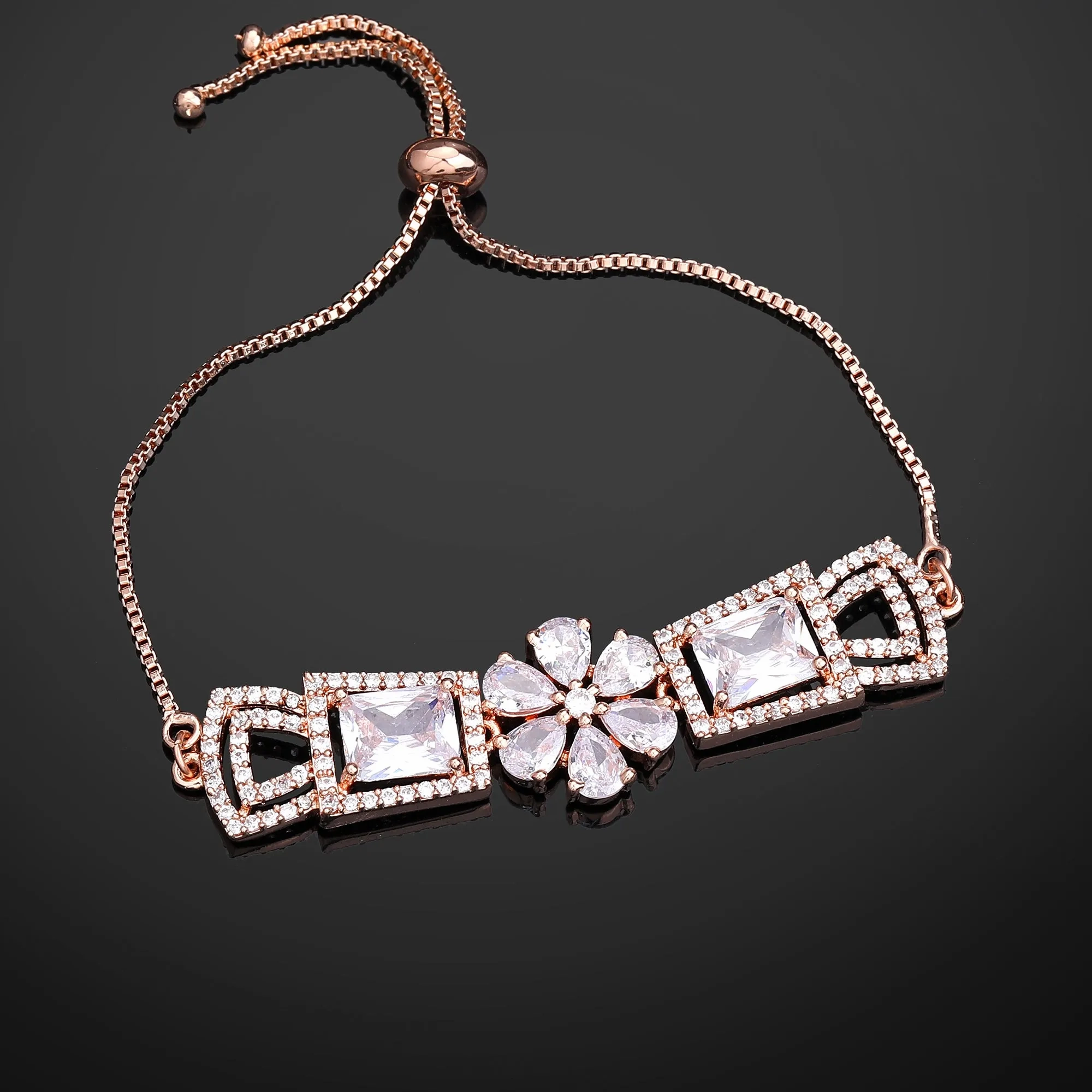 Estele Rosegold Plated Timeless Elegant Floral Designer Adjustable Charm Bracelet with White American Diamonds for Women