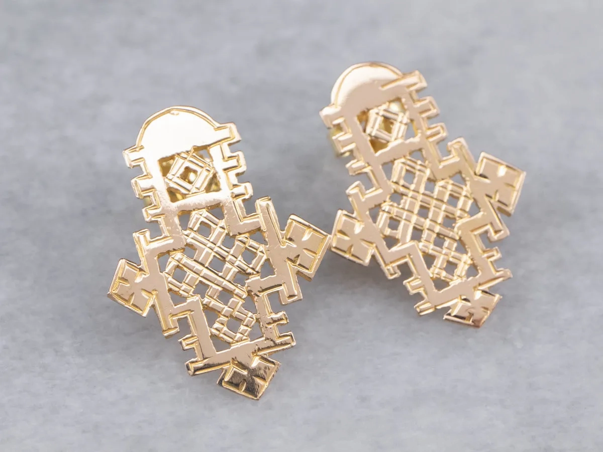 Etched Gold Ethiopian Cross Stud Earrings