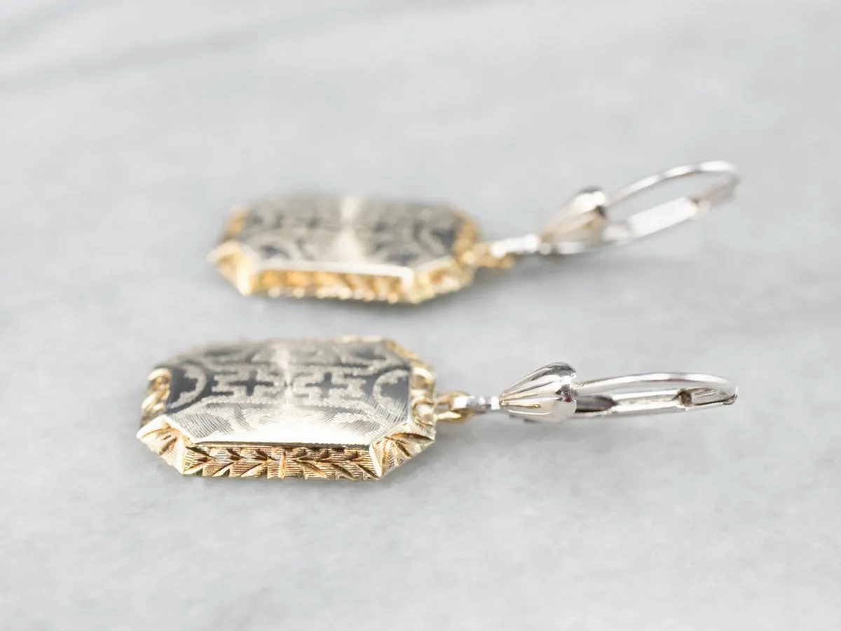 Etched Two Tone Gold Drop Earrings