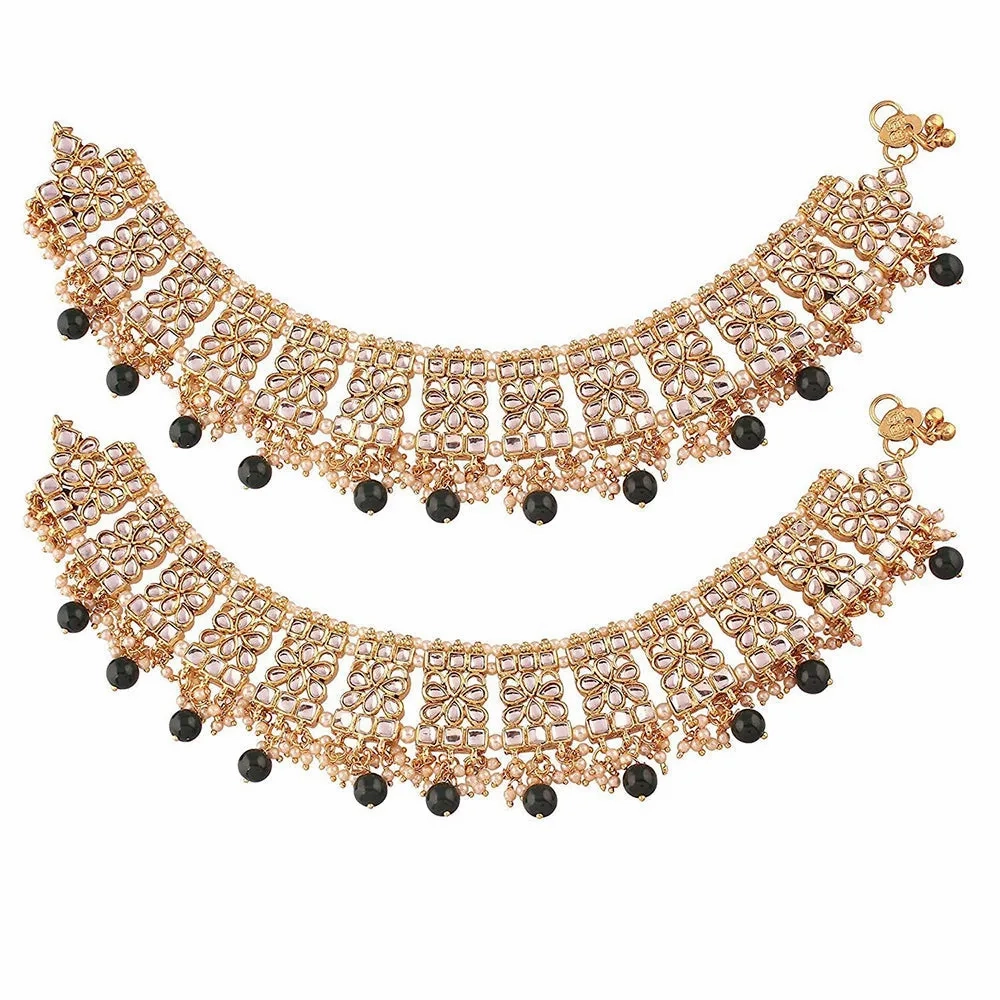 Etnico Gold Plated Kundan &amp; pearl Studded Adjustable Bridal Anklets/Payal For Women/Girls (A022G)