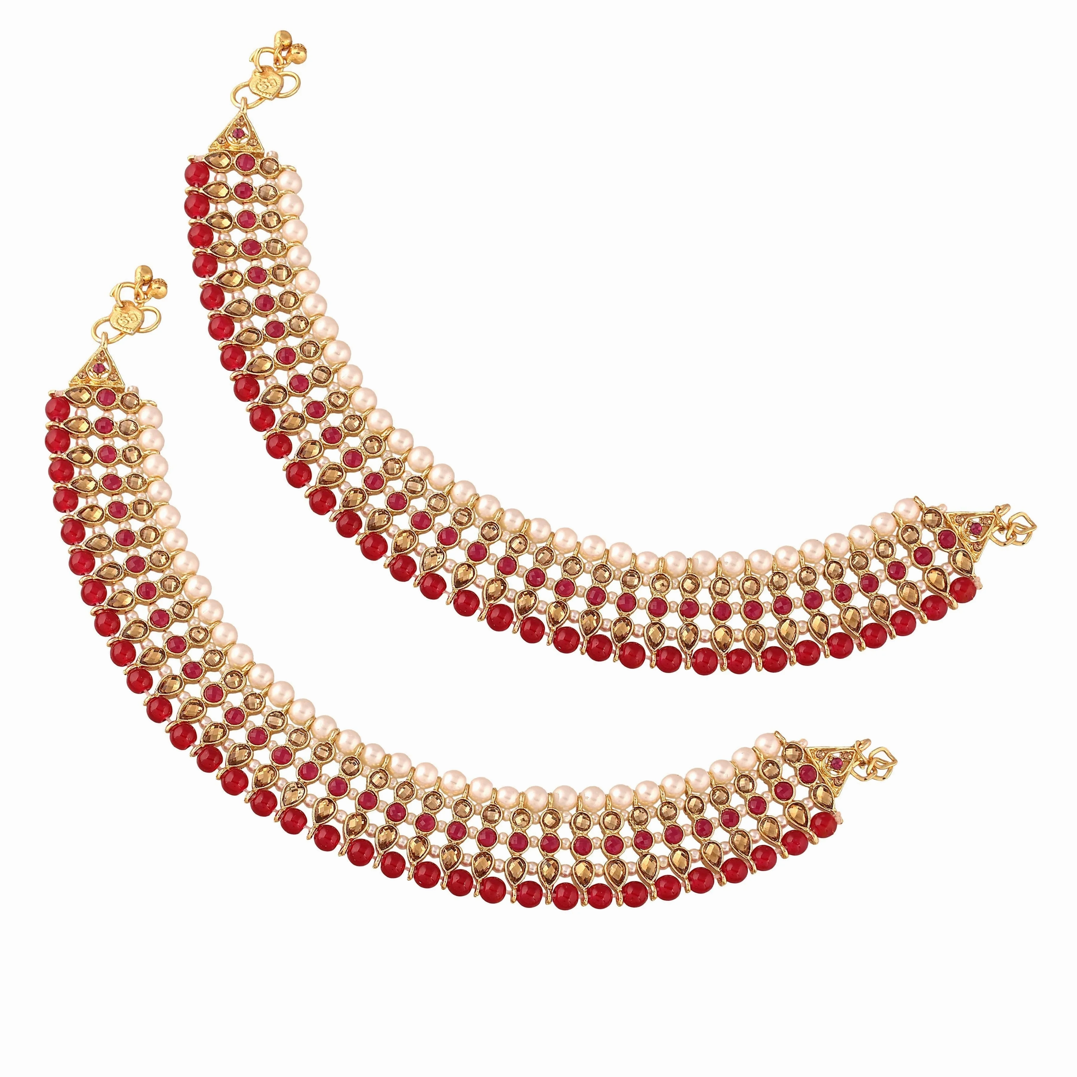 Etnico Gold Plated Kundan &amp; pearl Studded Adjustable Bridal Anklets/Payal For Women/Girls (A034Q)