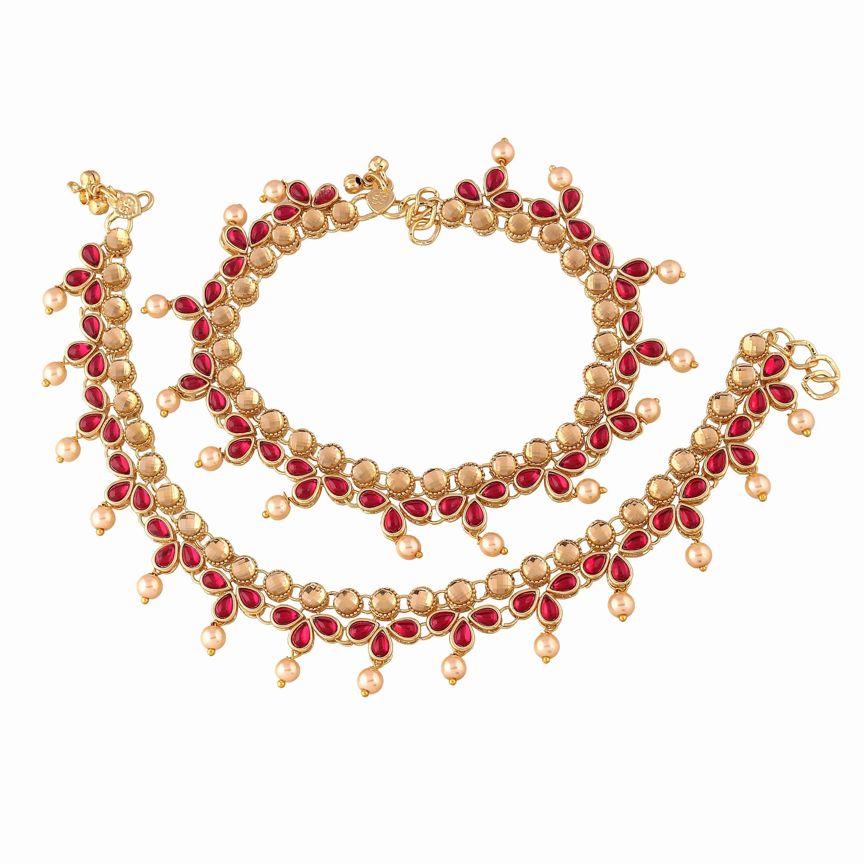 Etnico Gold Plated Kundan &amp; pearl Studded Adjustable Bridal Anklets/Payal For Women/Girls (A036Q)