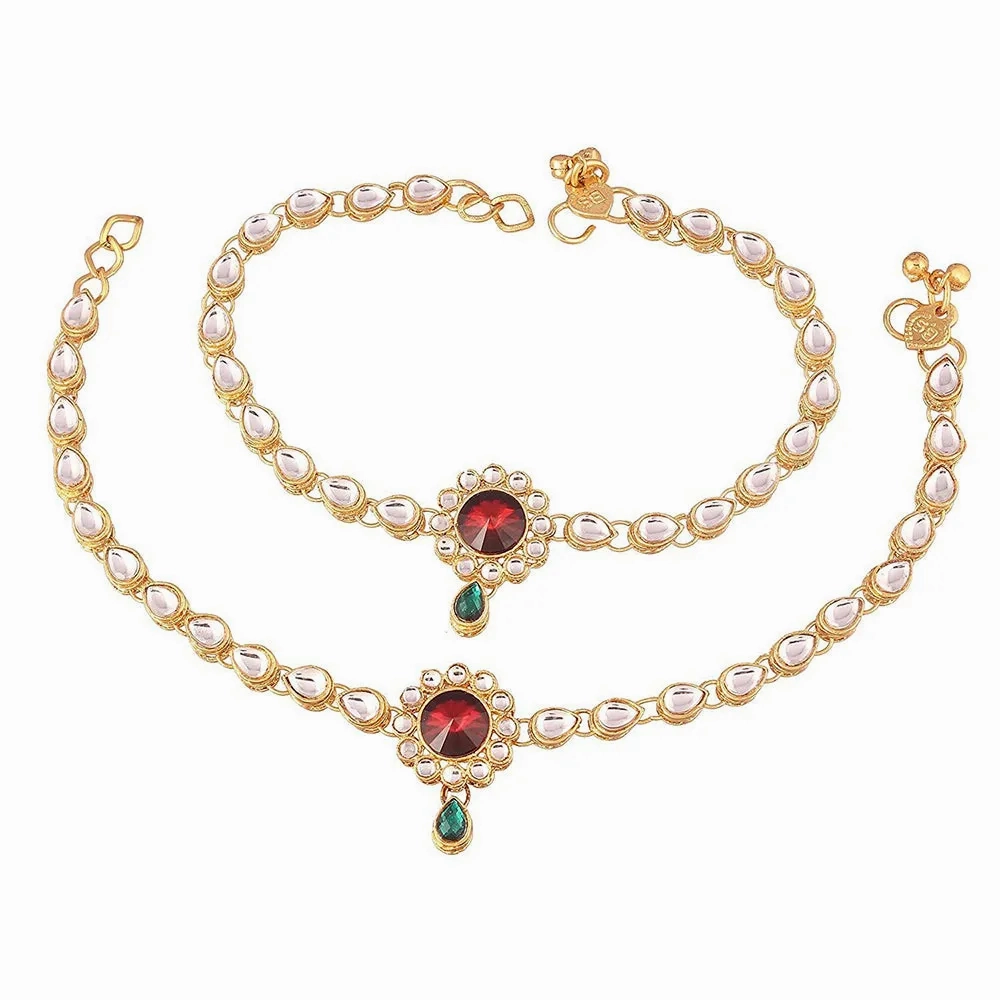 Etnico Gold Plated Kundan &amp; Stone Studded Payal/Anklets for Women &amp; Girls (A019MG)