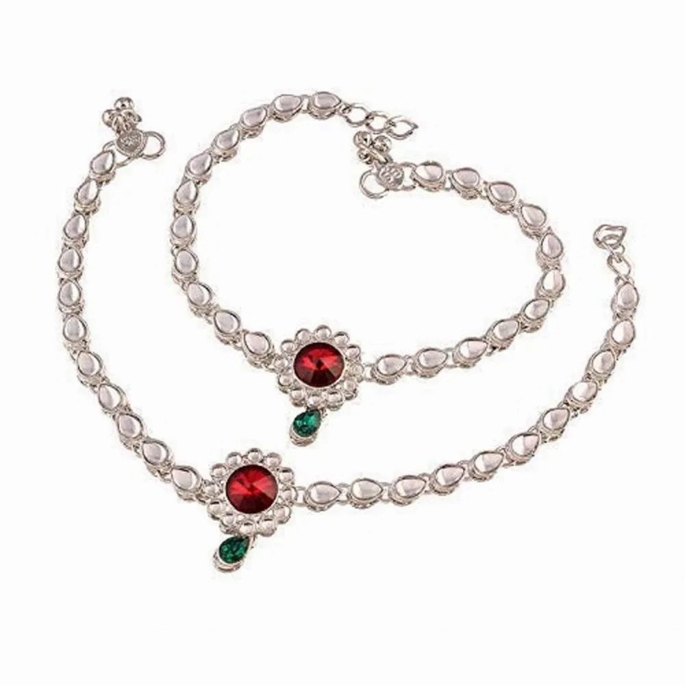 Etnico Rhodium Plated Kundan &amp; Stone Studded Payal/Anklets for Women &amp; Girls (A019S)