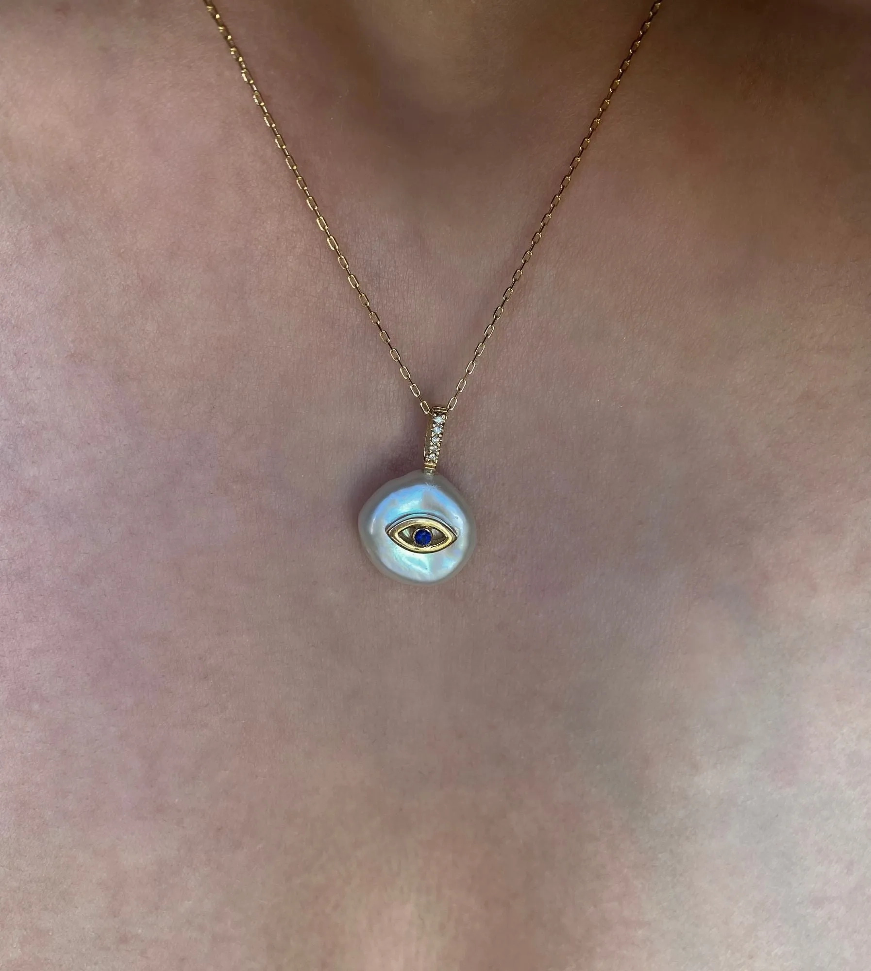 Evil Eye Petal 18K Gold Charm Necklace w. Pearl &amp; Diamonds