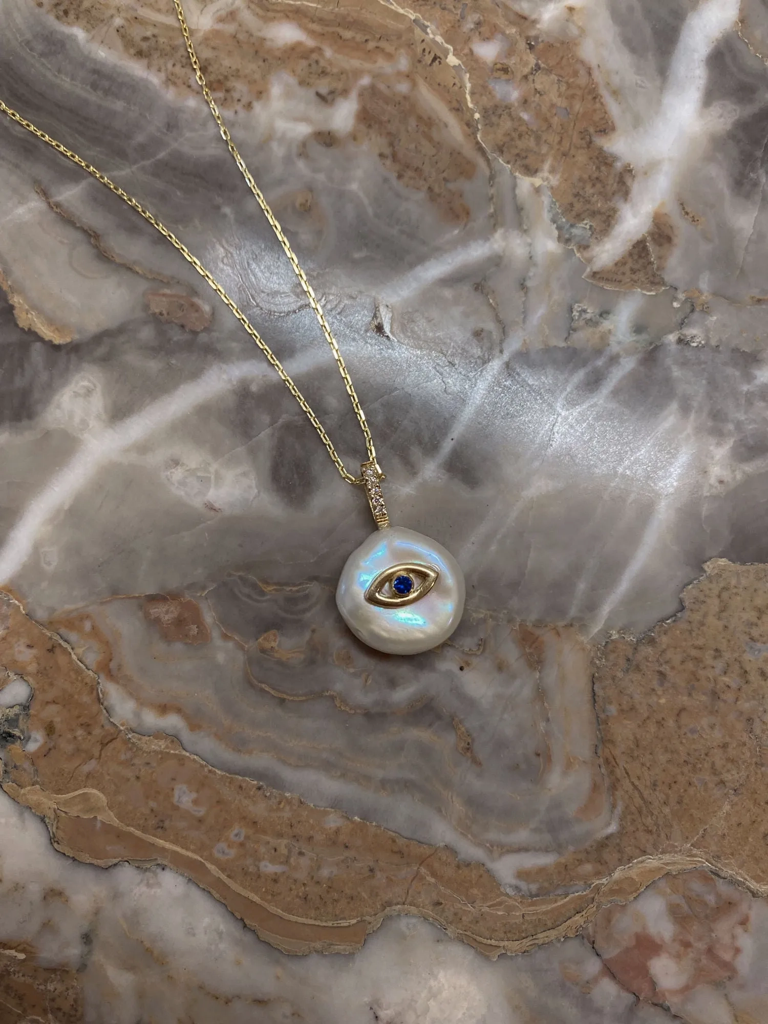 Evil Eye Petal 18K Gold Charm Necklace w. Pearl &amp; Diamonds