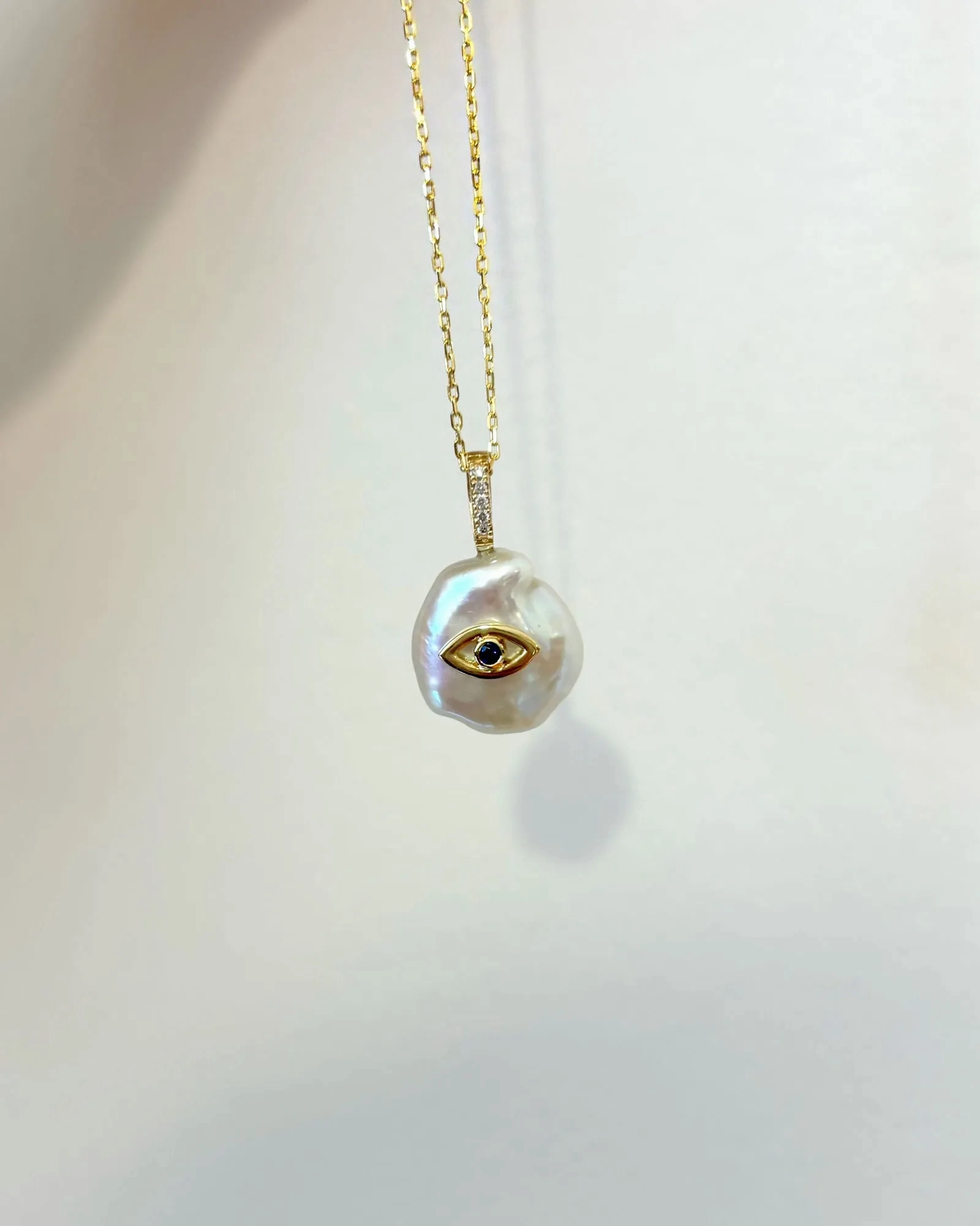 Evil Eye Petal 18K Gold Charm Necklace w. Pearl &amp; Diamonds