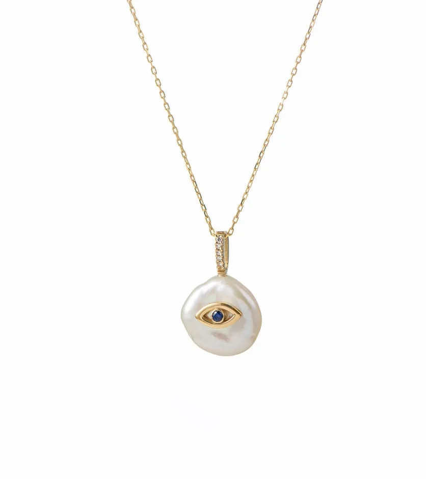 Evil Eye Petal 18K Gold Charm Necklace w. Pearl &amp; Diamonds