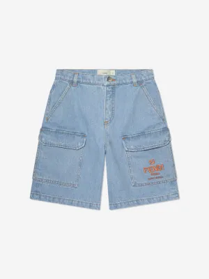 Fendi Boys Denim Shorts mit großer Logo-Tasche in Blau