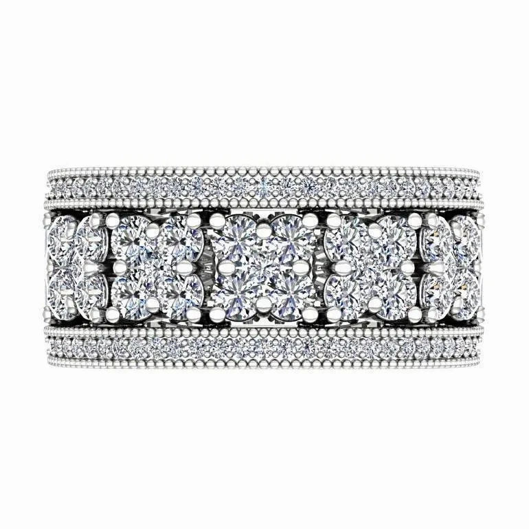 Flower Diamond Milgrain Ring with Side Detail 14K White Gold