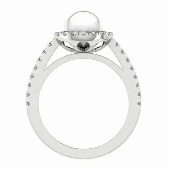 Freshwater Pearl and Halo Diamond White Gold Ring
