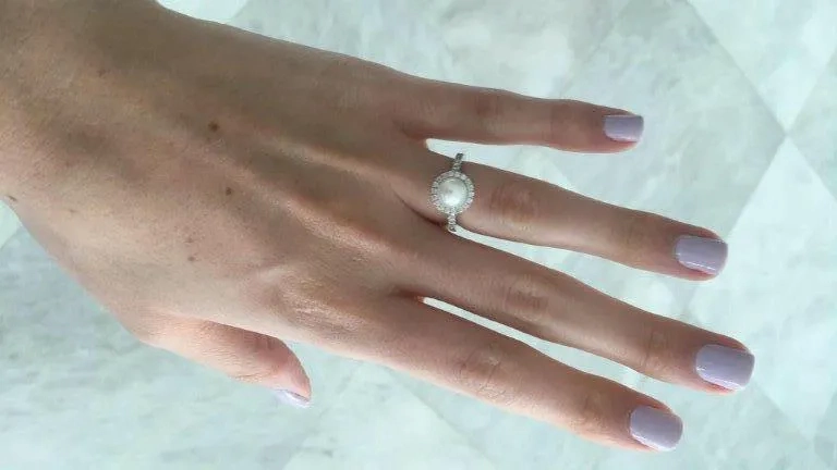 Freshwater Pearl and Halo Diamond White Gold Ring