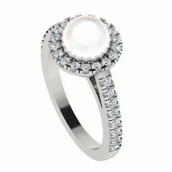 Freshwater Pearl and Halo Diamond White Gold Ring