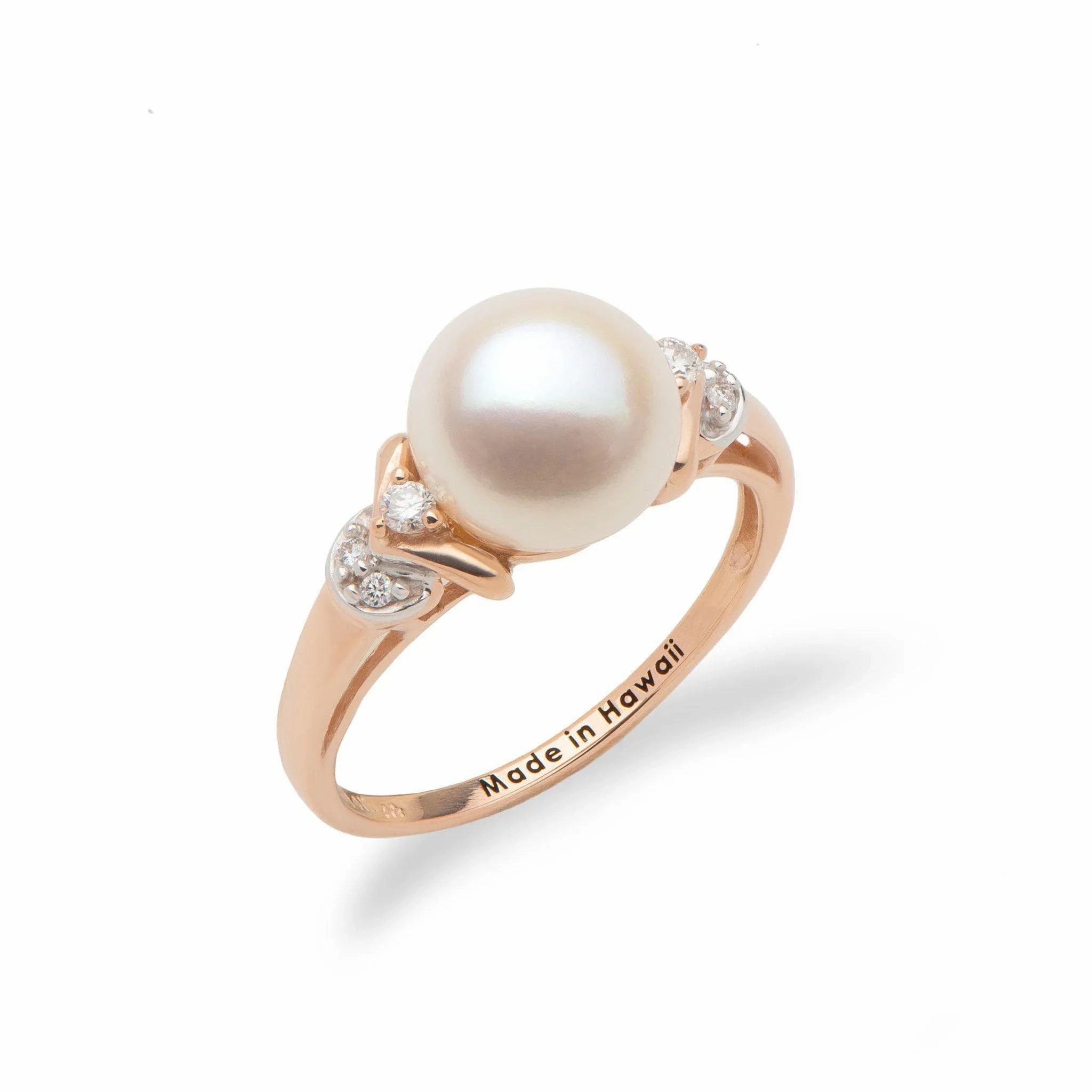 Freshwater White Pearl Ring in Rose Gold with Diamonds - 8-9mm
