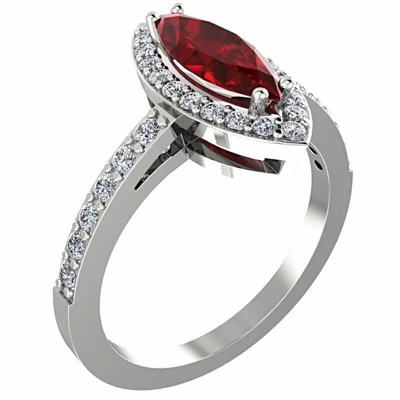 Garnet Marquise Halo Diamond Ring 14K White Gold