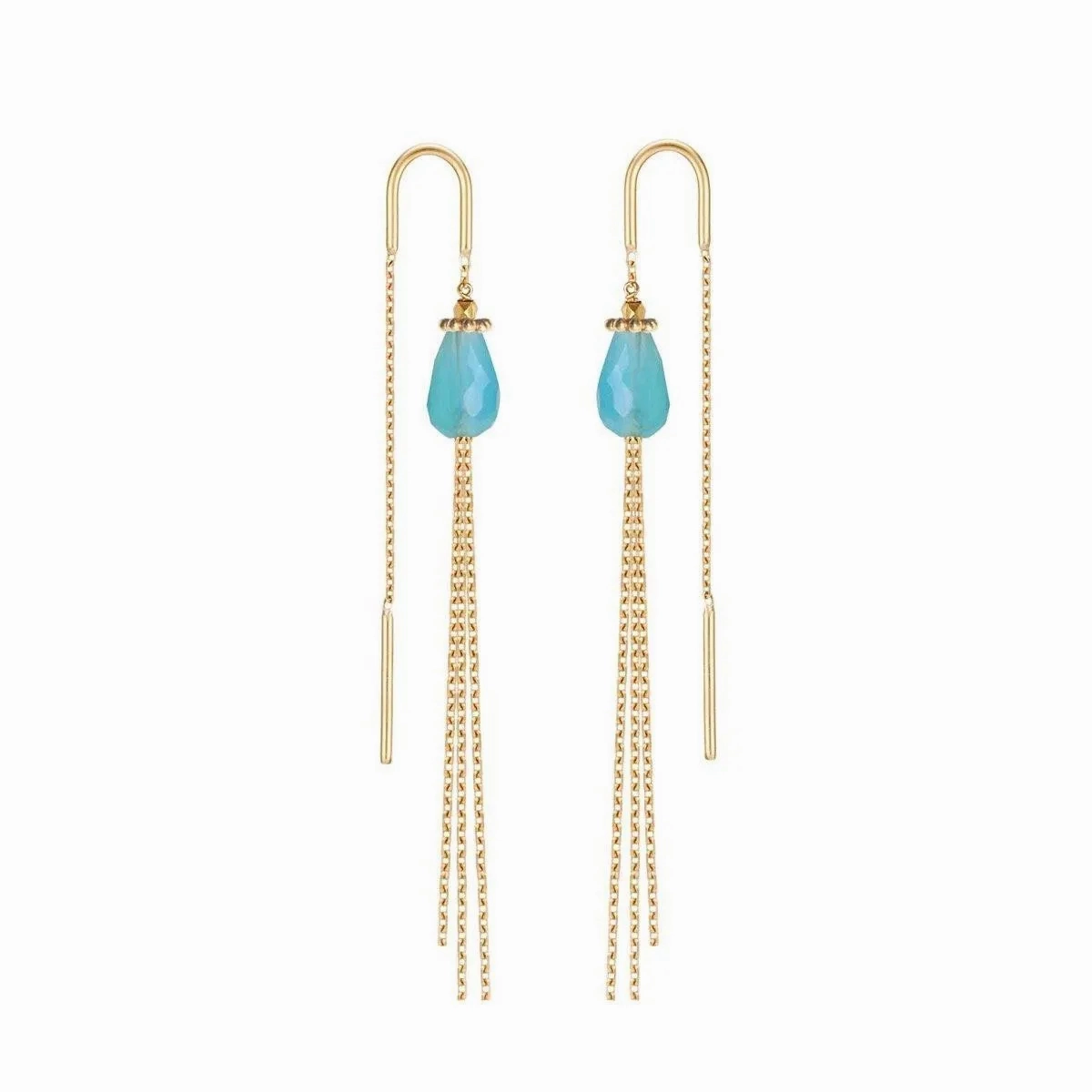 Gem Drop long Tassel Earrings Chalcedony - 18k Gold