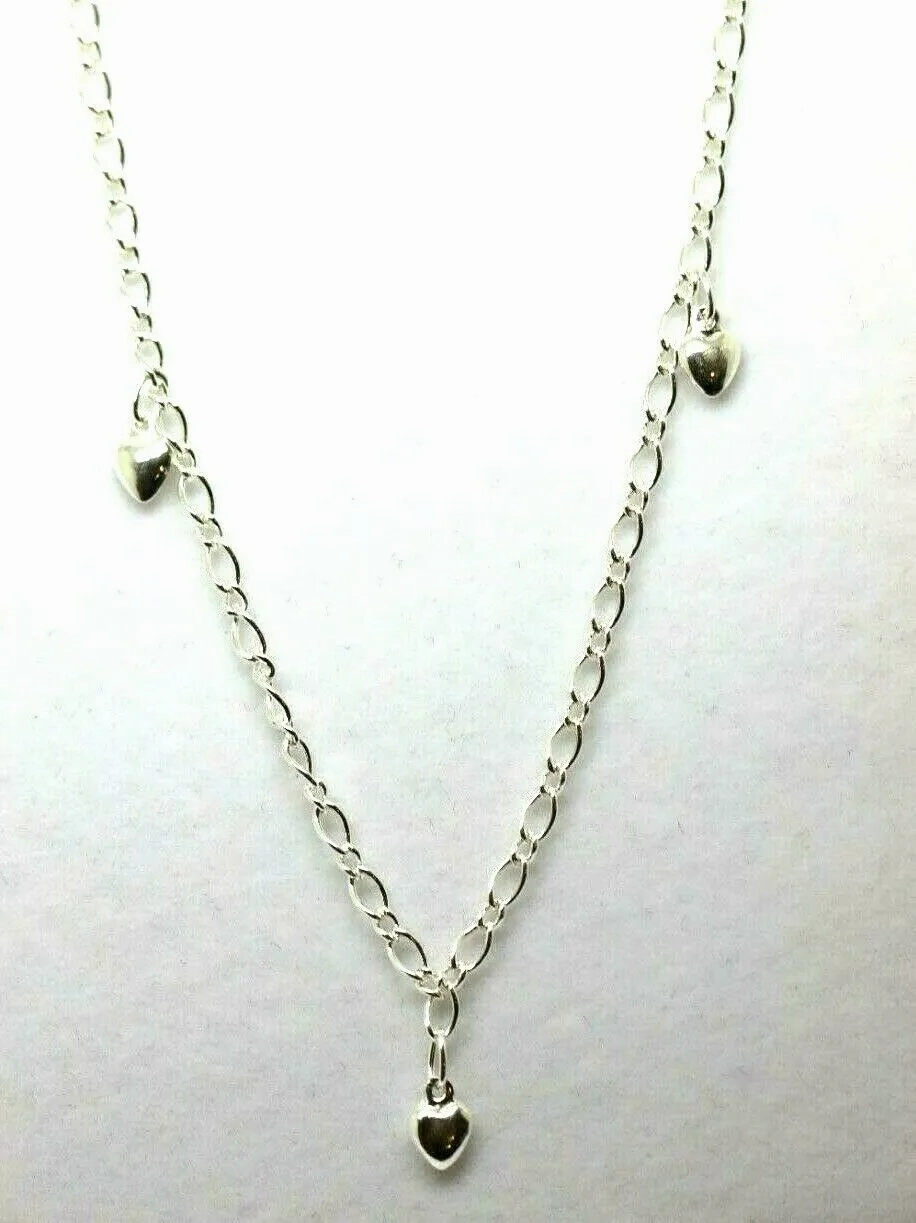 Genuine Sterling Silver 25cm Figaro Anklet   3 Charm Hearts
