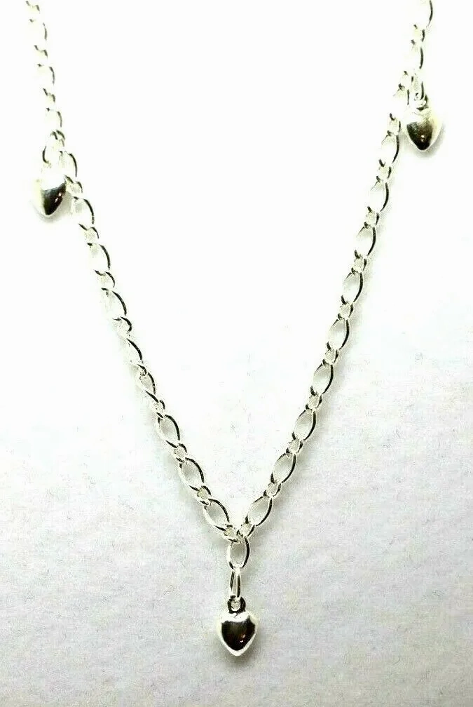 Genuine Sterling Silver 25cm Figaro Anklet   3 Charm Hearts