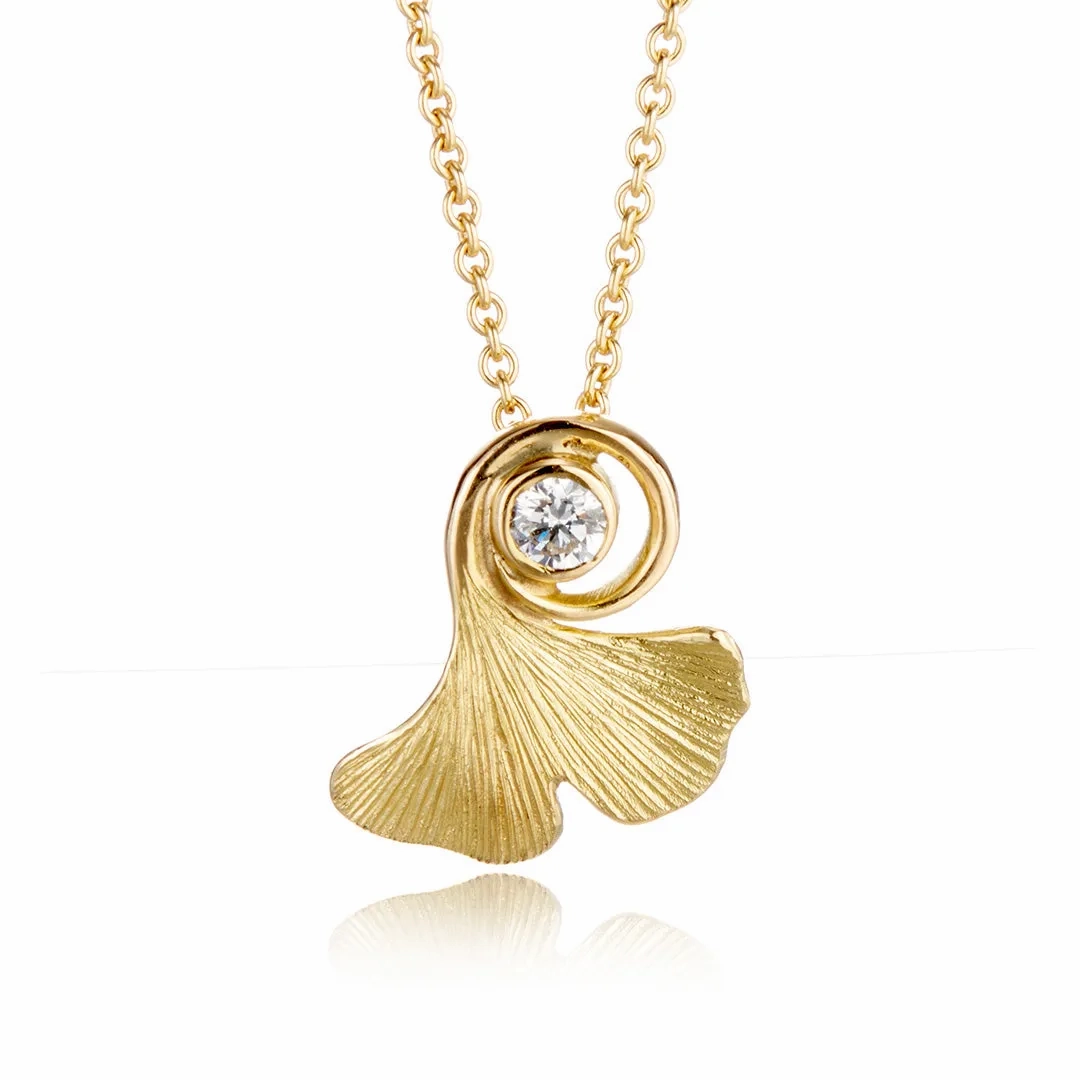 Ginkgo Leaf &amp; Diamond Pendant Necklace
