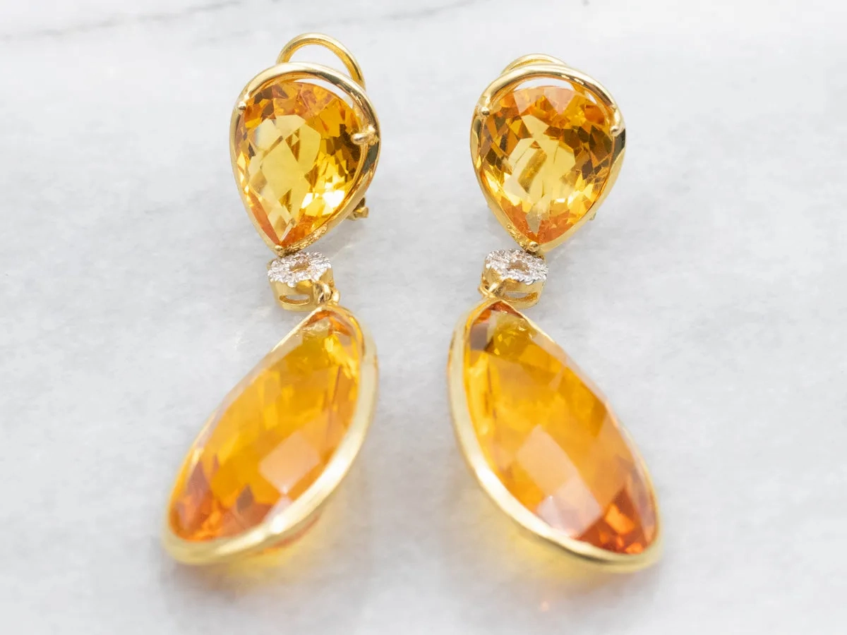 Gold Teardrop Citrine and Diamond Drop Earrings