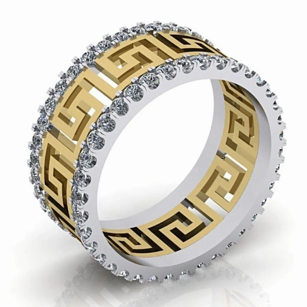 Greek Key Design Two Tone Diamond Ring 14K Yellow and White Gold