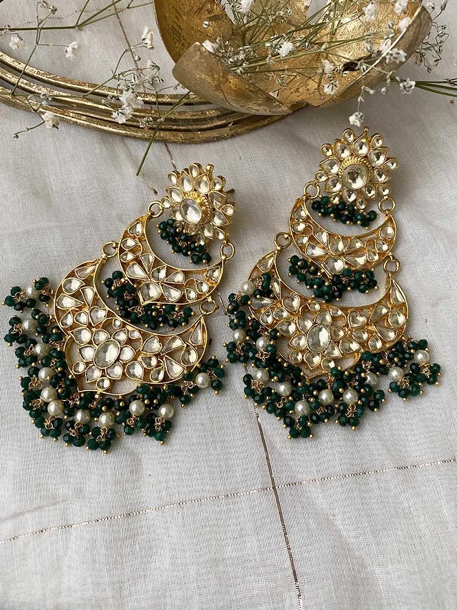 Green Color Gold Plated Jadau Kundan Earrings - ME778Y
