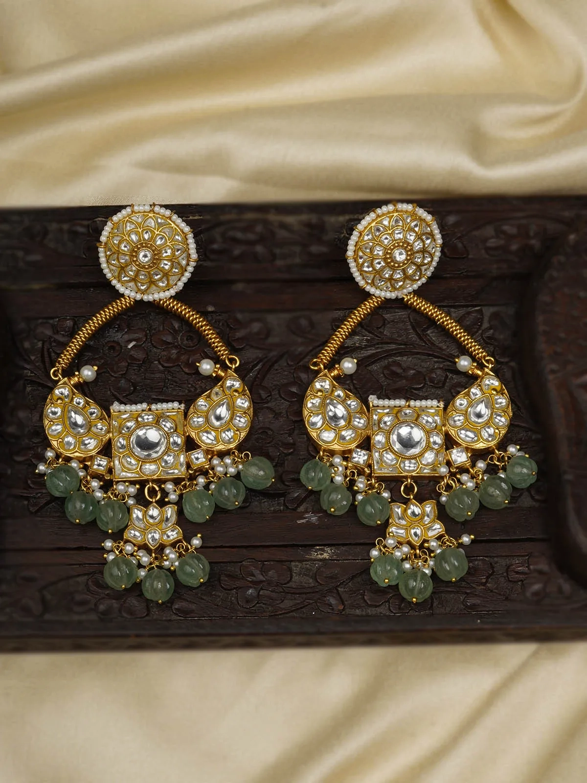 Green Color Gold Plated Thappa Jadau Kundan Earrings - TJ-E94