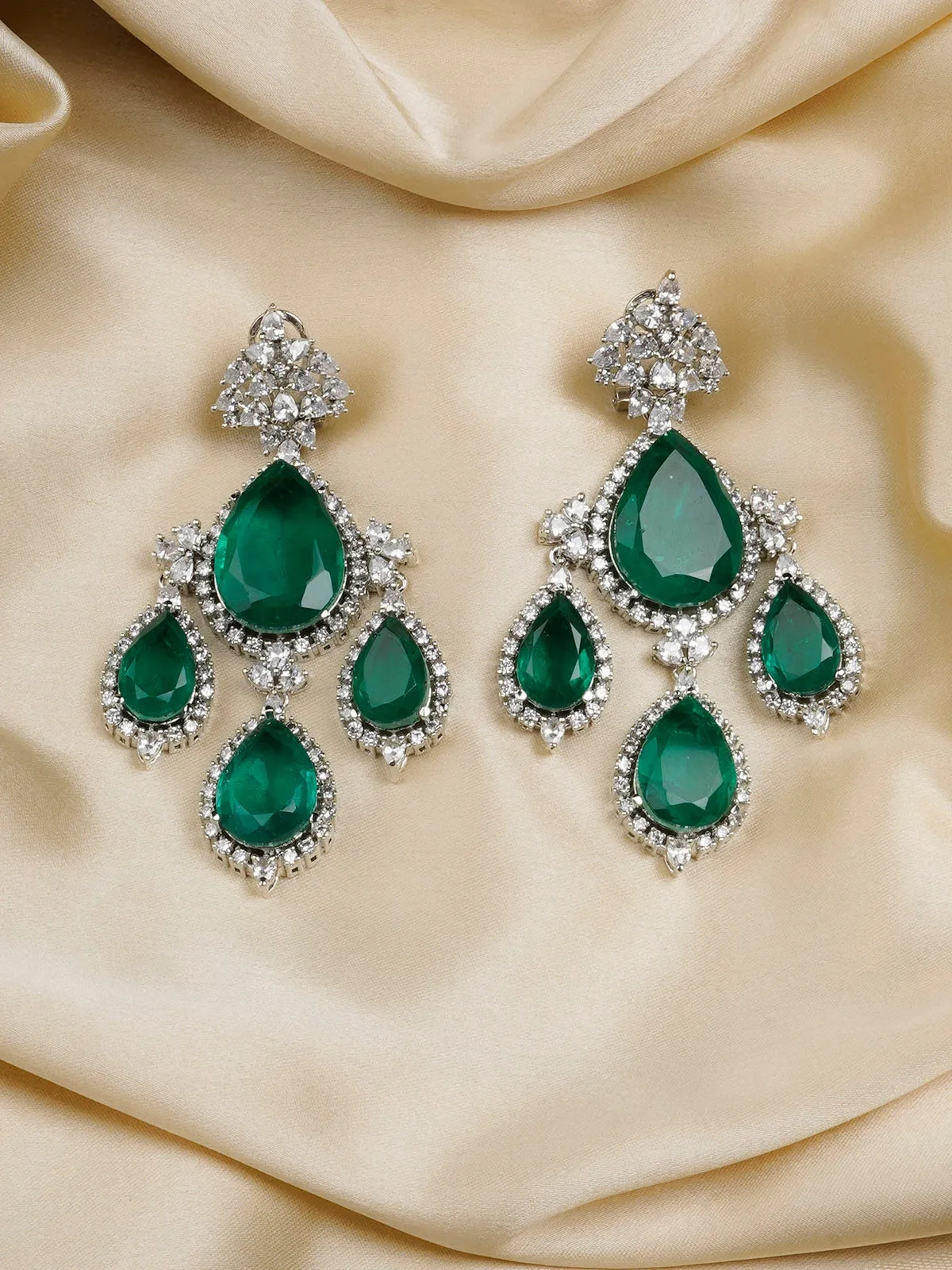 Green Color Silver Plated Faux Diamond Earrings - CZEAR540GR