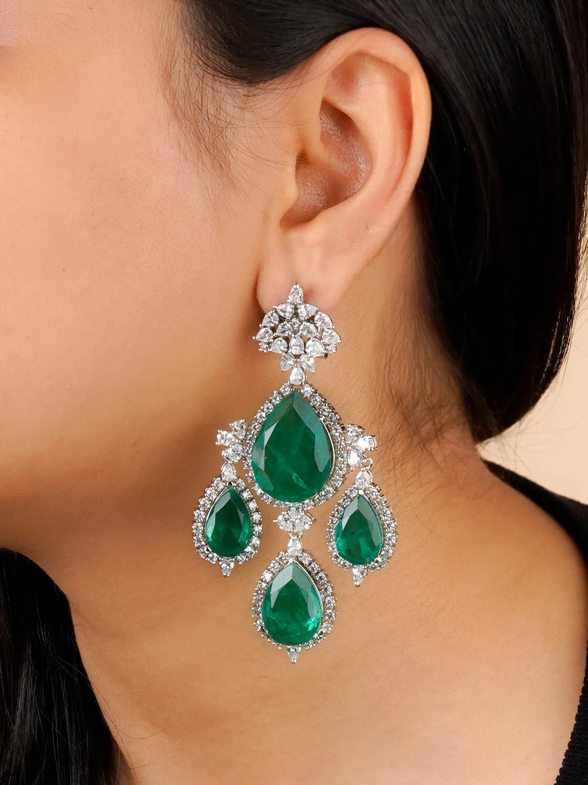 Green Color Silver Plated Faux Diamond Earrings - CZEAR540GR