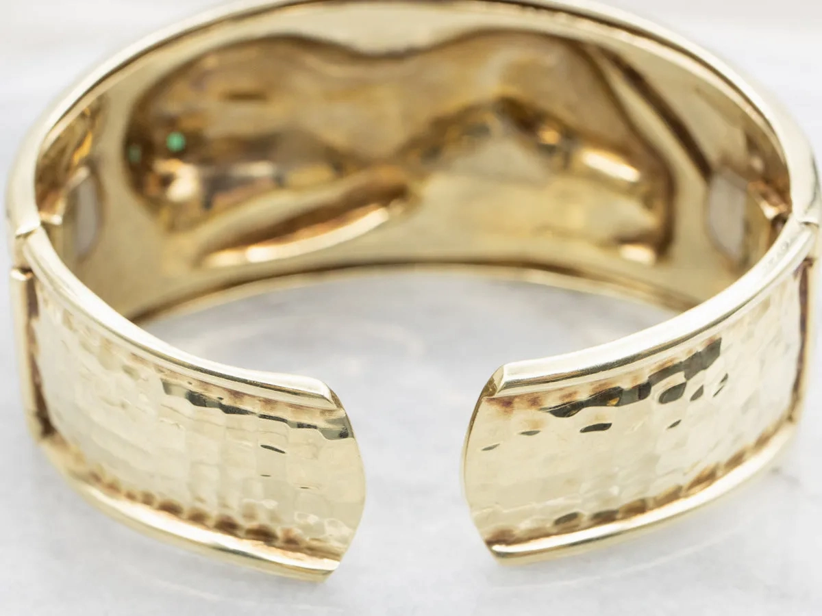 Hammered Gold Emerald Eye Lion Cuff Bracelet