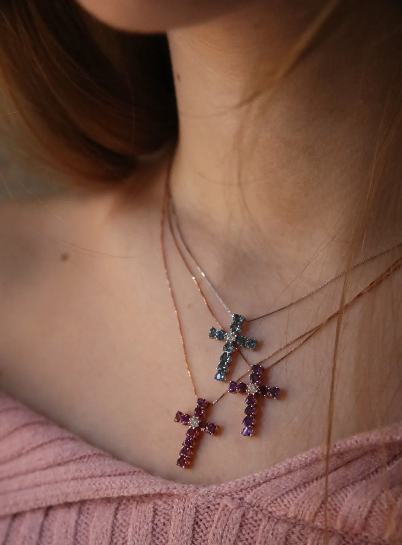 Heart 18K Rose Gold Necklace w. Diamond &amp; Amethyst