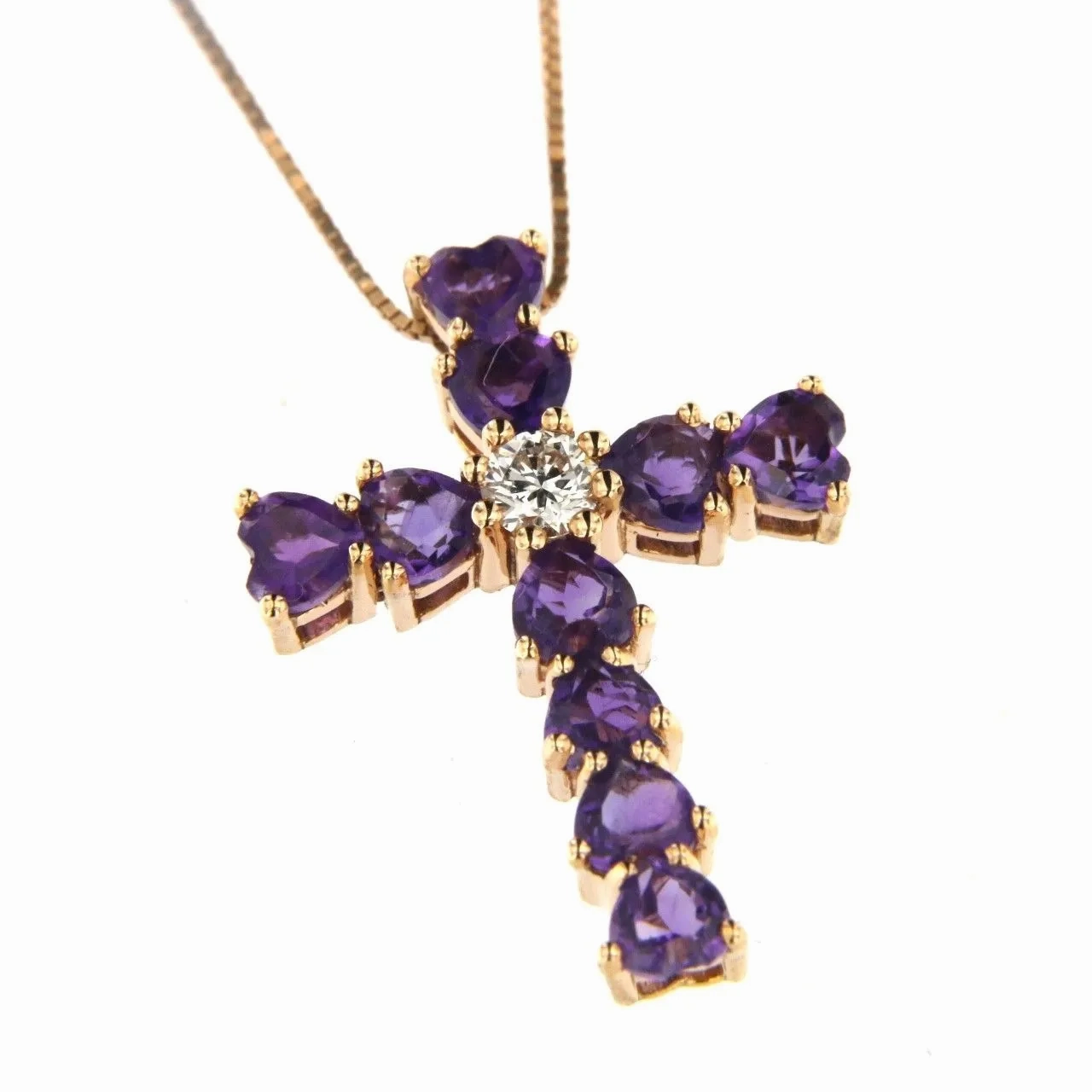 Heart 18K Rose Gold Necklace w. Diamond &amp; Amethyst
