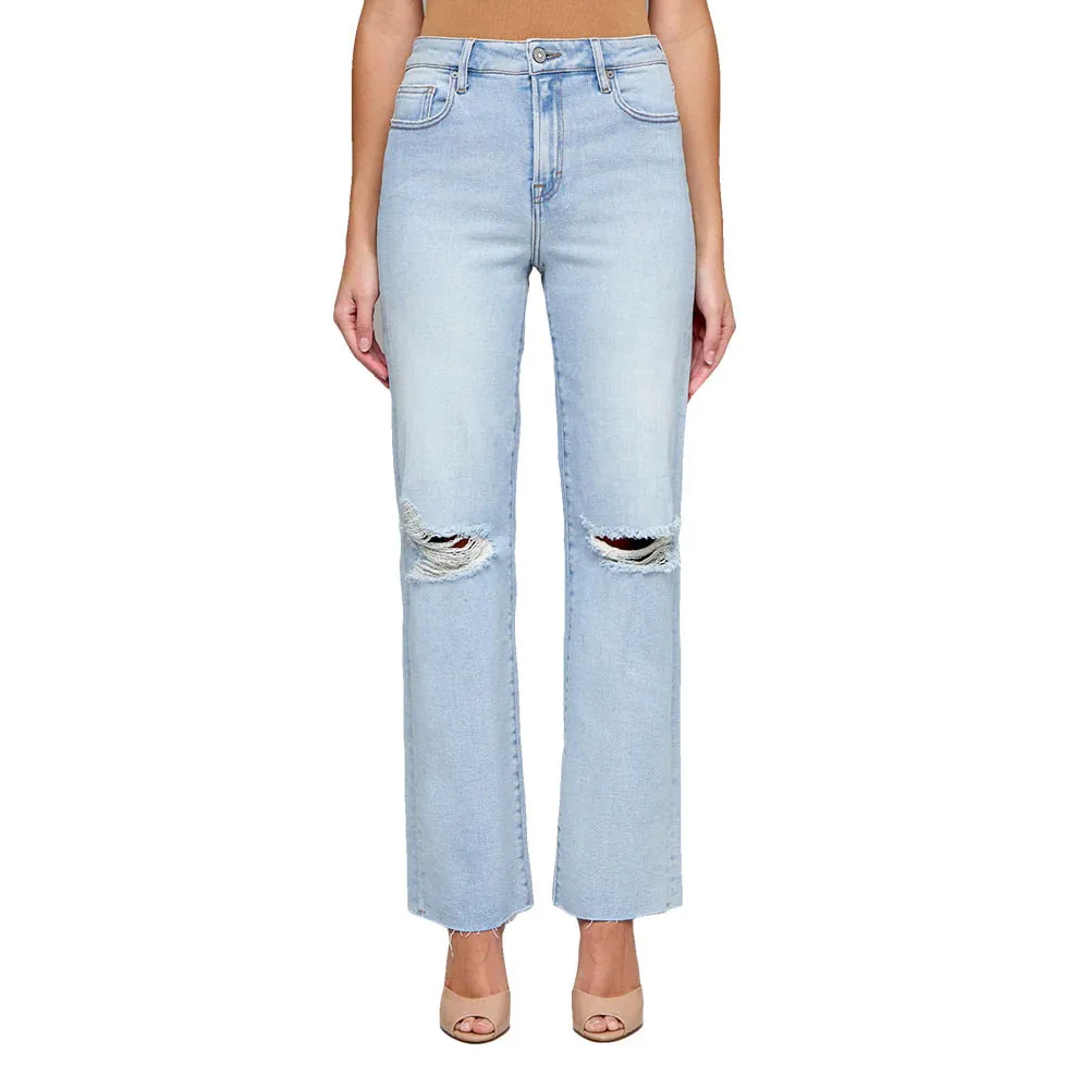 Versteckte Dehnung Leichtes Stonewash Ausgewaschene Knie Weite Gerade Beine Damen Jeans