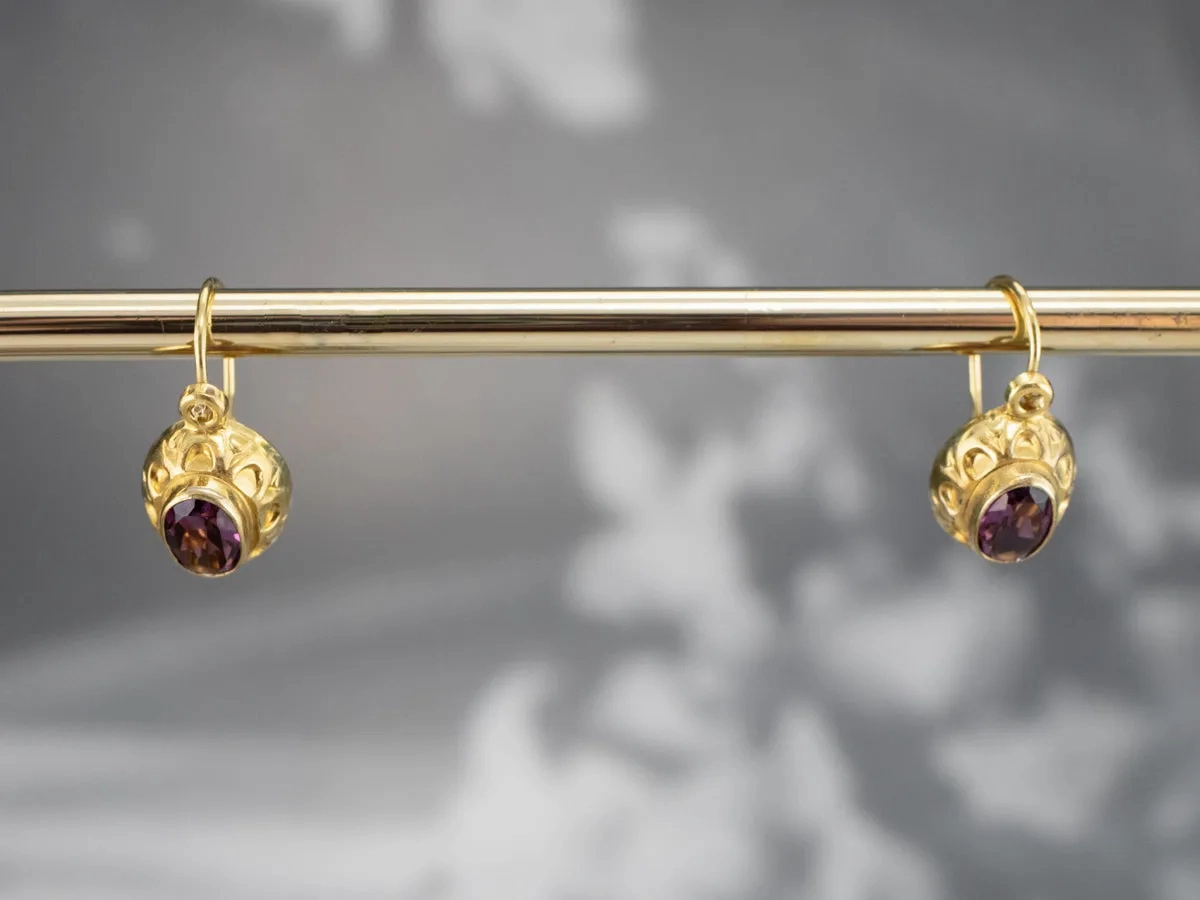 High Karat Gold Purple Glass Drop Earrings